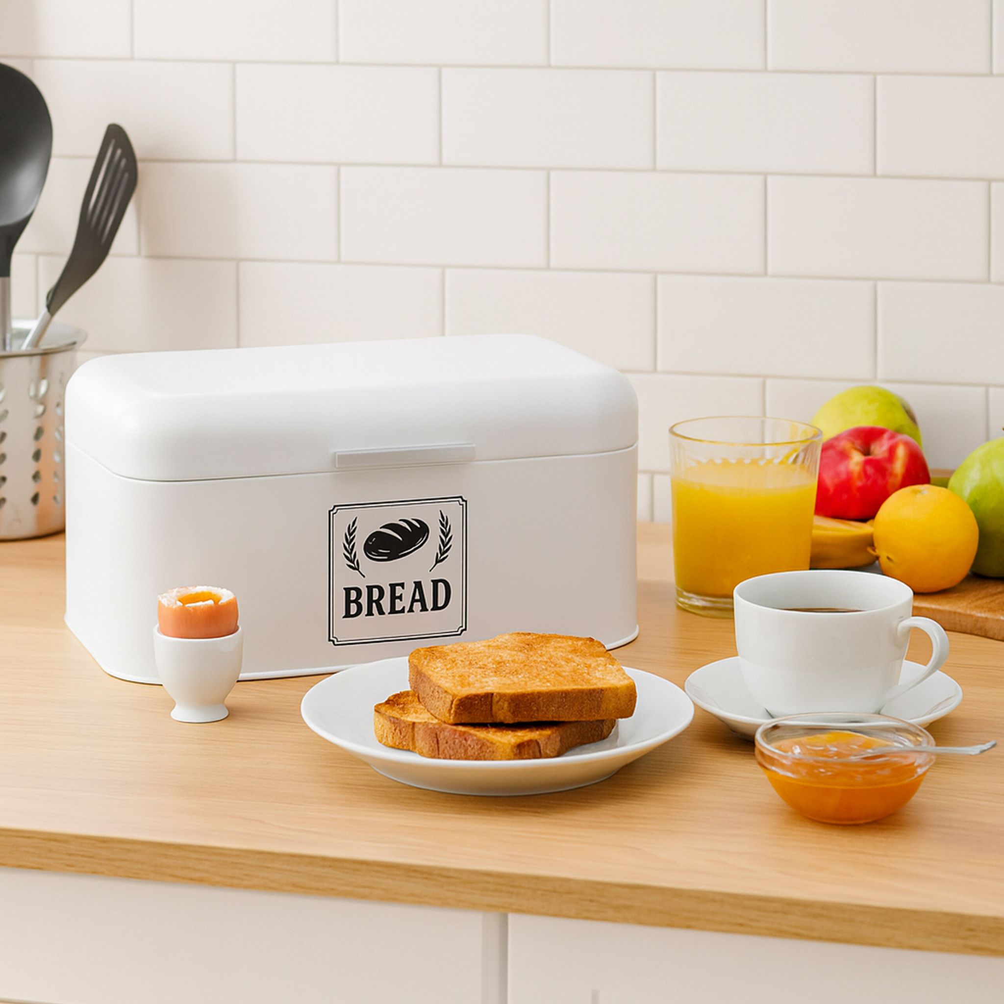 Retro Brotkasten mit Deckel & Griff Weiss-Silber von Relaxdays