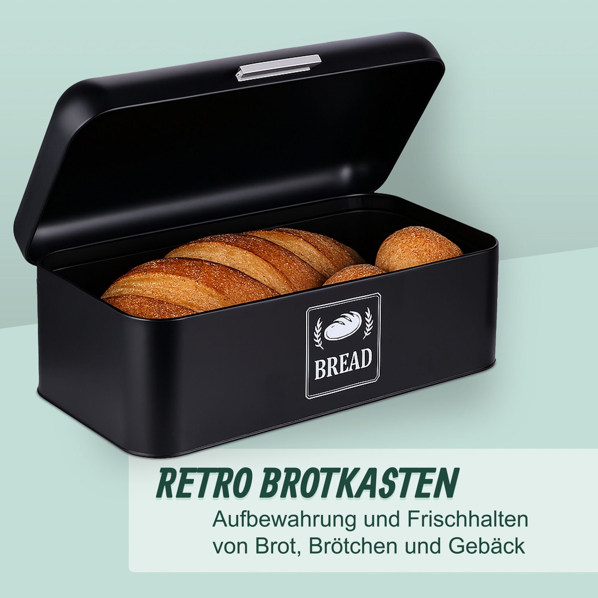 Retro Brotkasten mit Deckel & Griff Schwarz-Silber von Relaxdays
