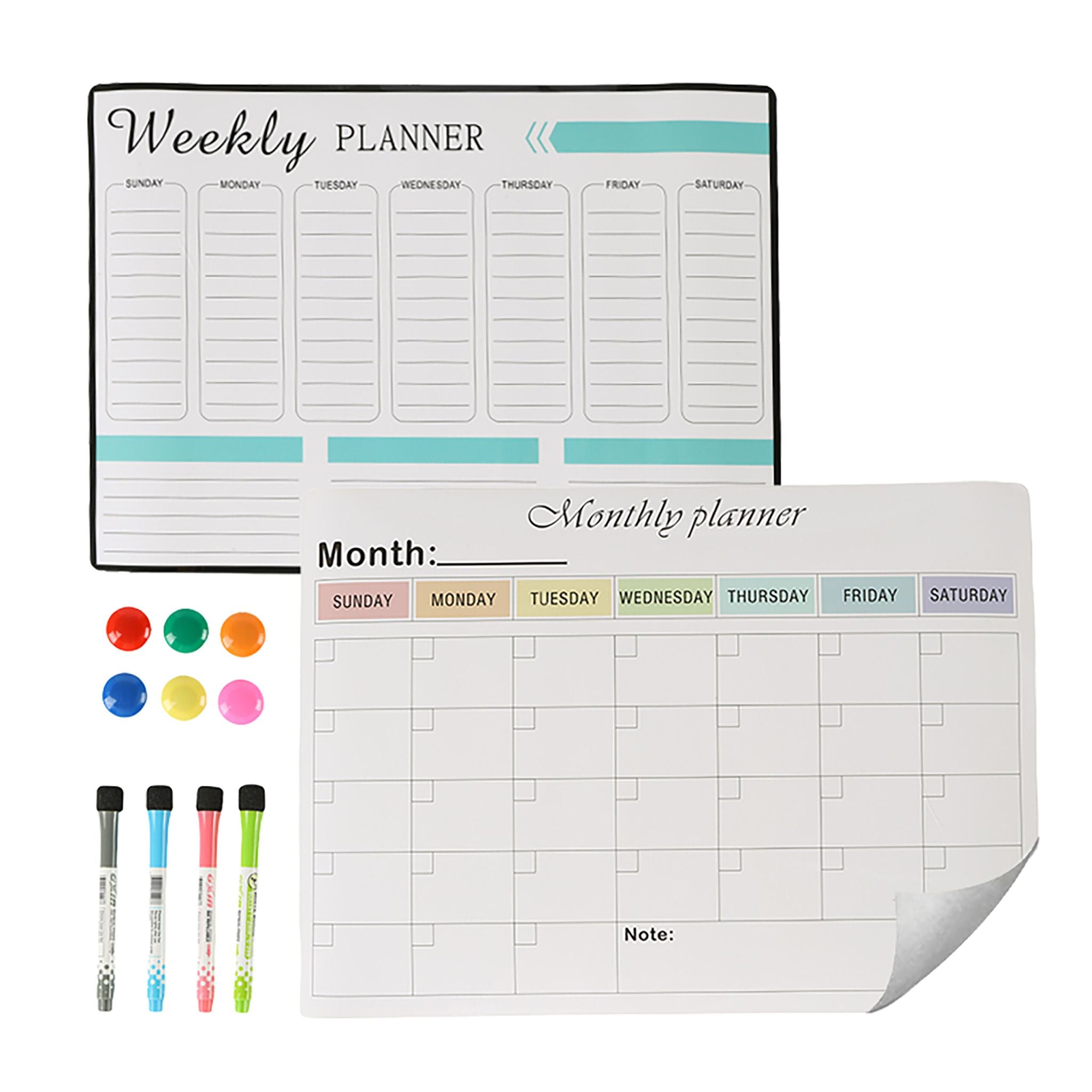 Whiteboard für Kühlschrank 2er-Set Weiss-Schwarz-Türkis