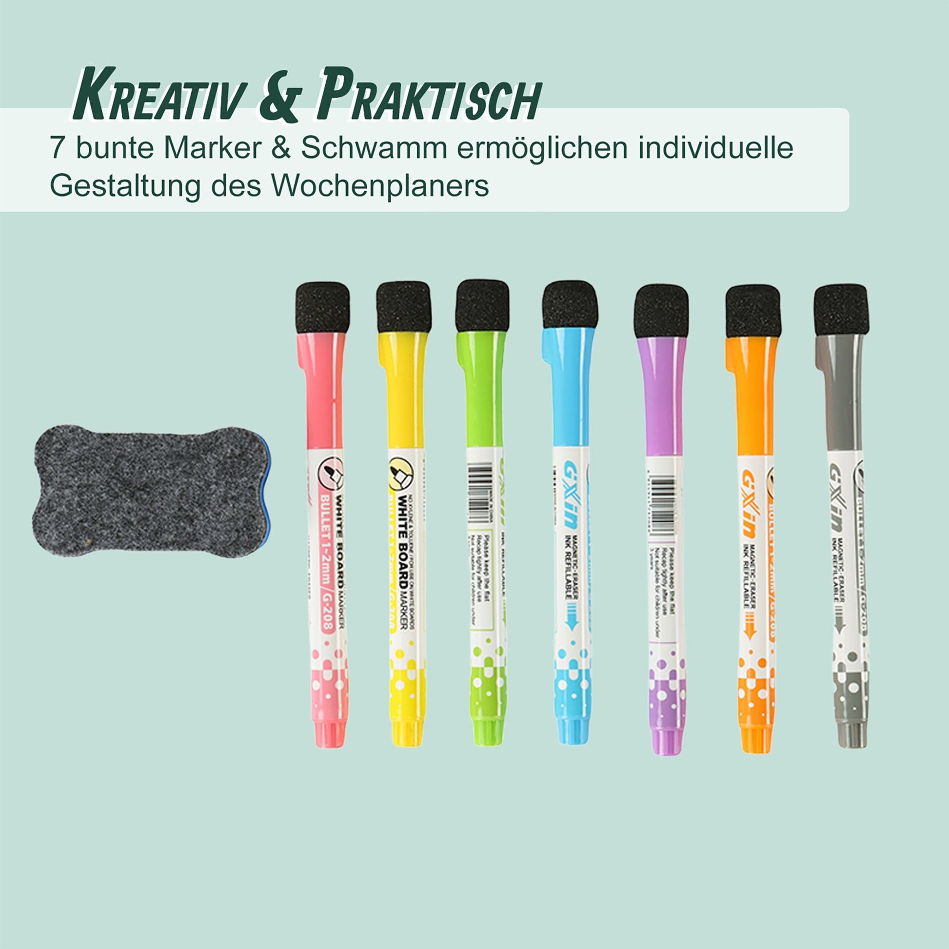 Magnetischer Wochenplaner mit Zubehör Weiss-Grün-Rot von Relaxdays