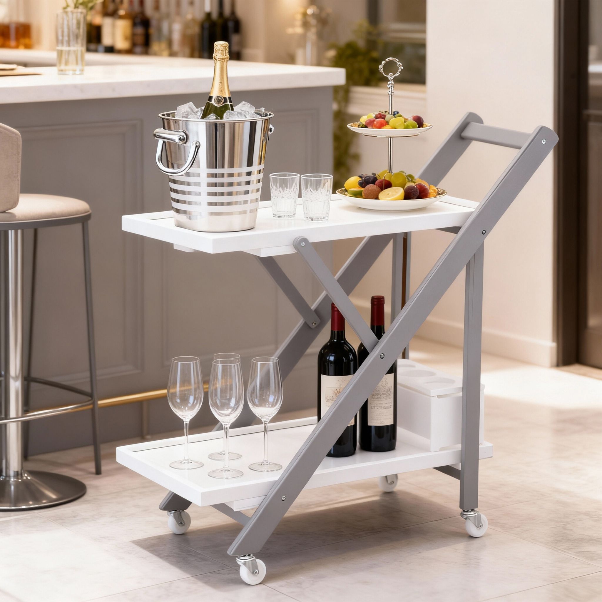 Servierwagen Bambus 2 Etagen Weiss-Grau von Relaxdays