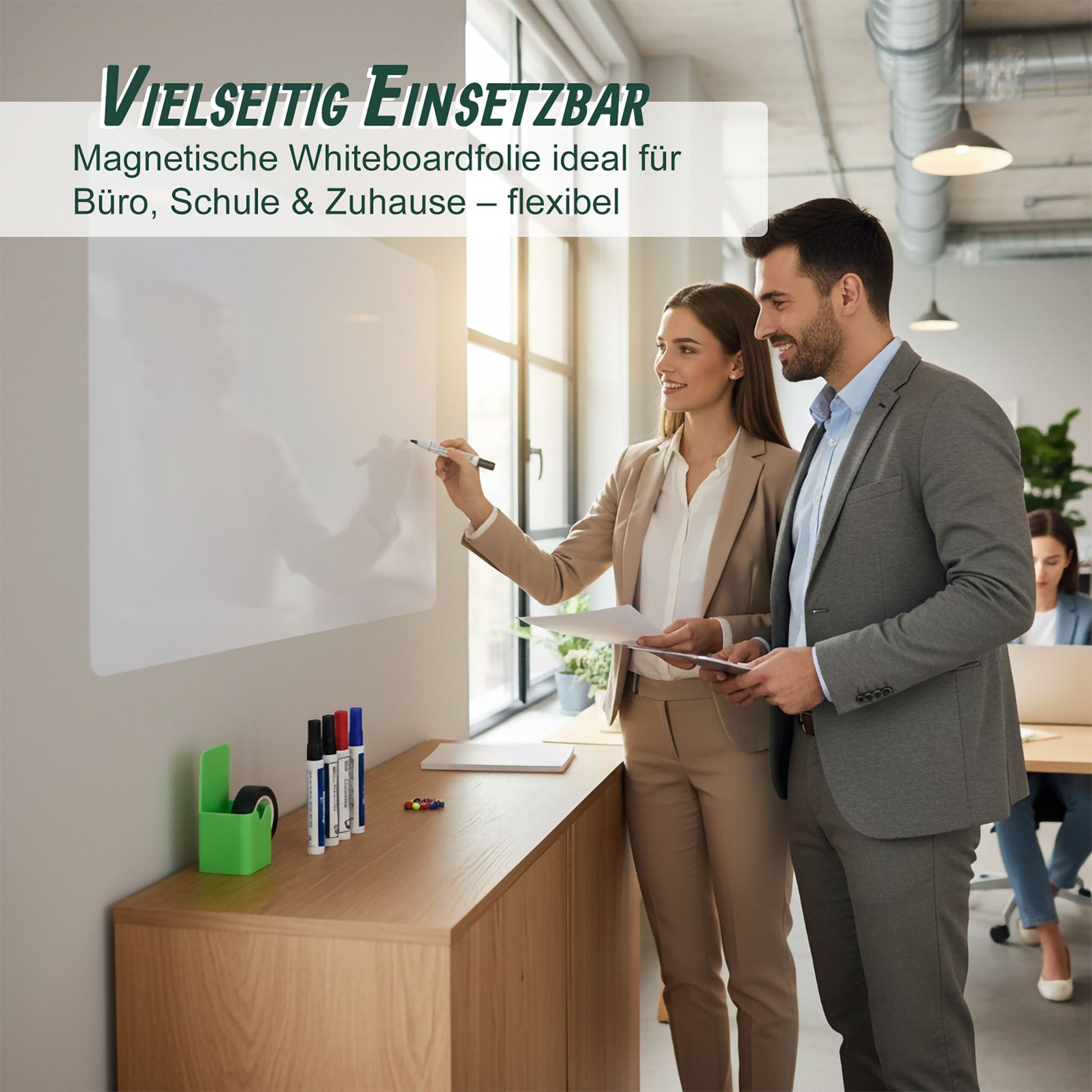 Whiteboard Folie mit Zubehör Weiss-Grün-Schwarz von Relaxdays