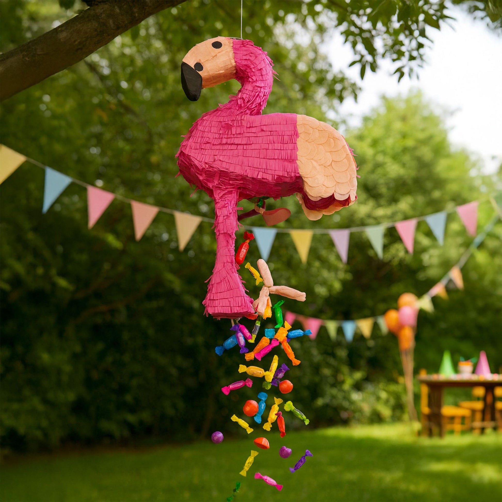 Pinata Flamingo mit Stab und Maske Creme-Pink-Schwarz von Relaxdays