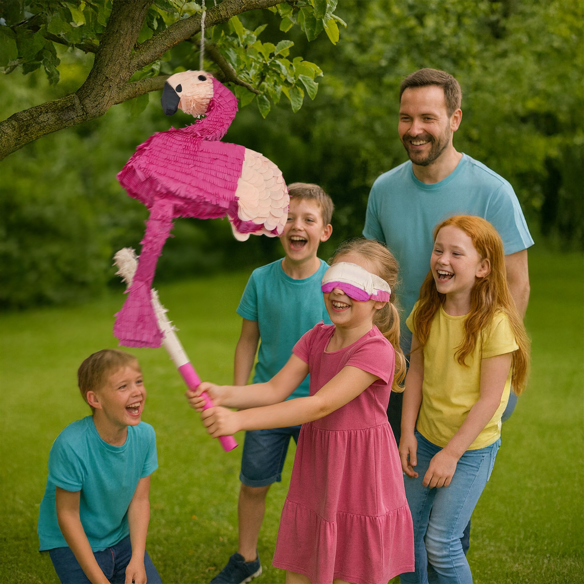 Pinata Flamingo mit Stab und Maske Creme-Pink-Schwarz von Relaxdays