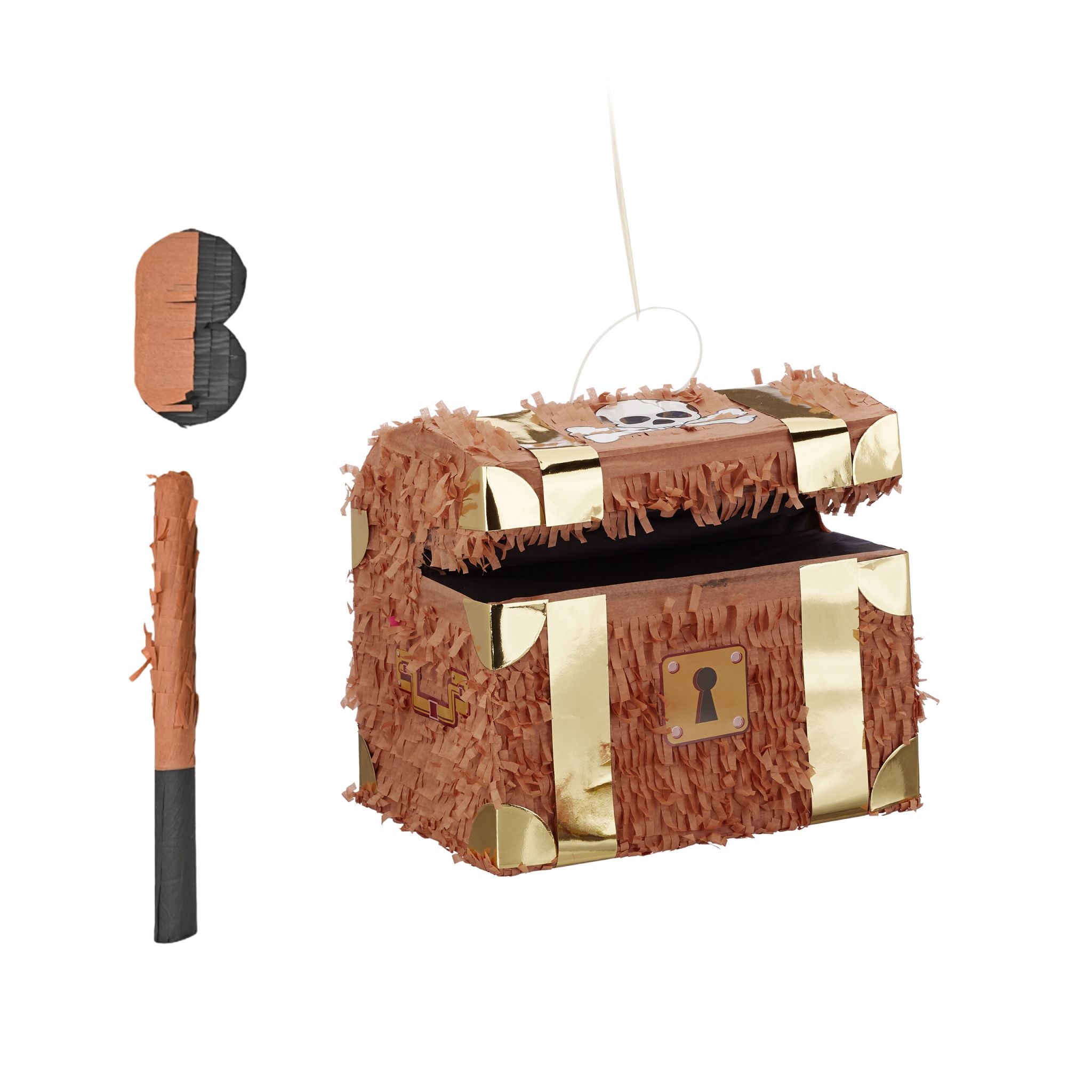 Pinata Schatztruhe mit Stab & Maske Weiss-Braun-Gold von Relaxdays