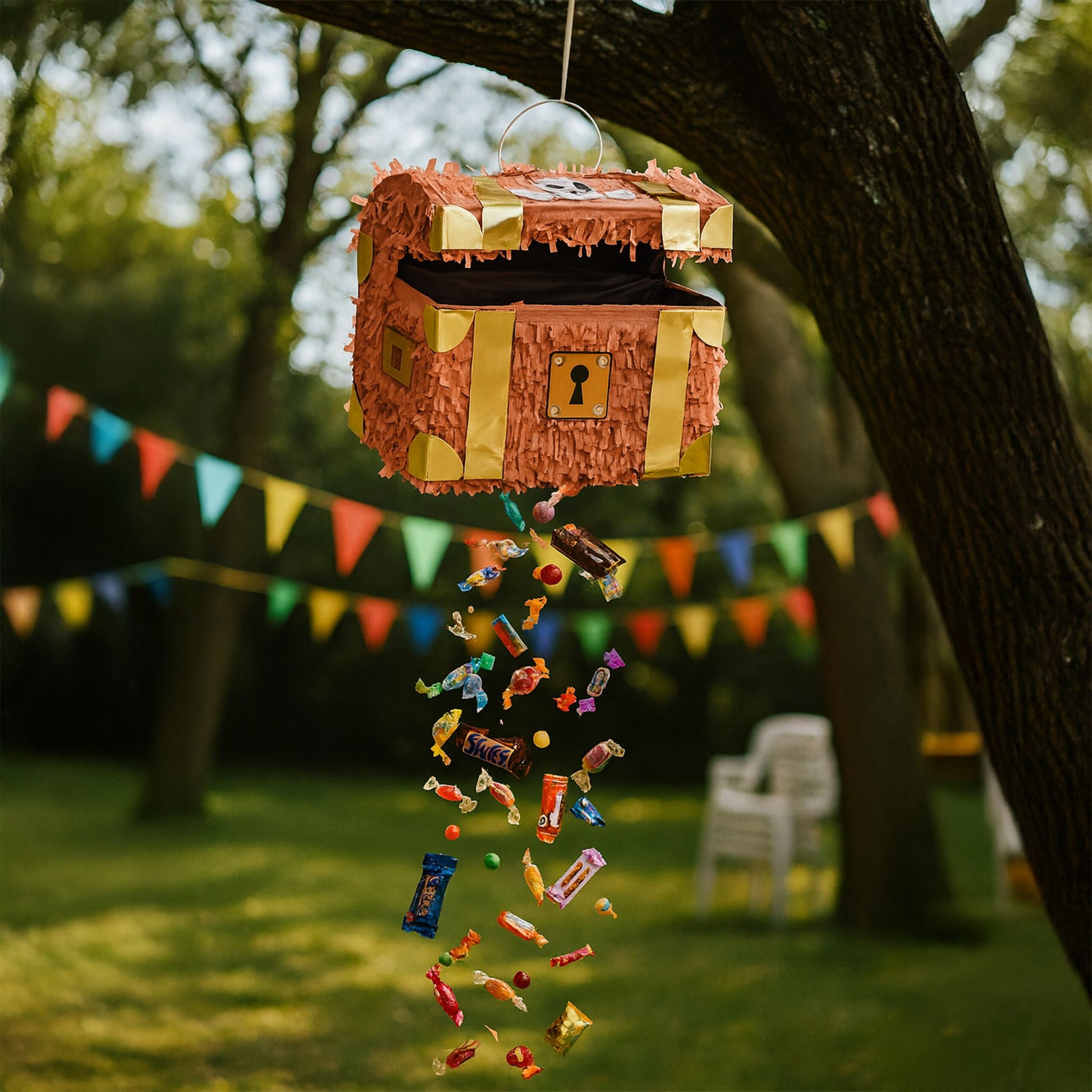 Pinata Schatztruhe mit Stab & Maske Weiss-Braun-Gold von Relaxdays