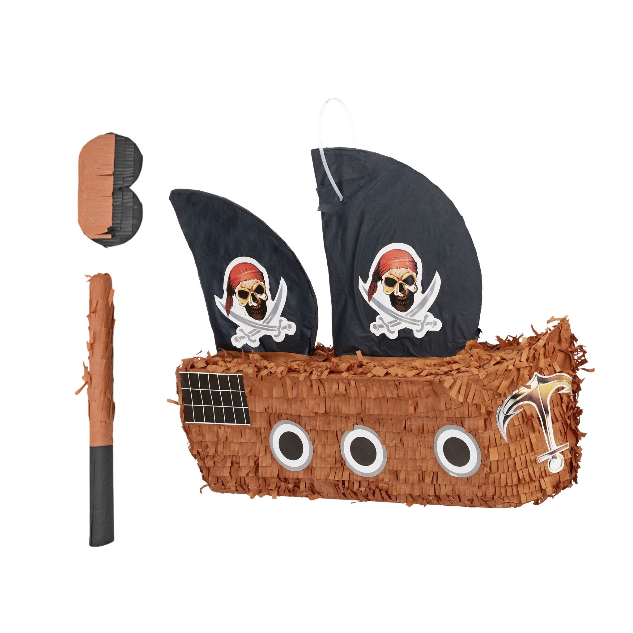 Pinata Piratenschiff Stab & Maske Hellbraun-Rot-Schwarz von Relaxdays