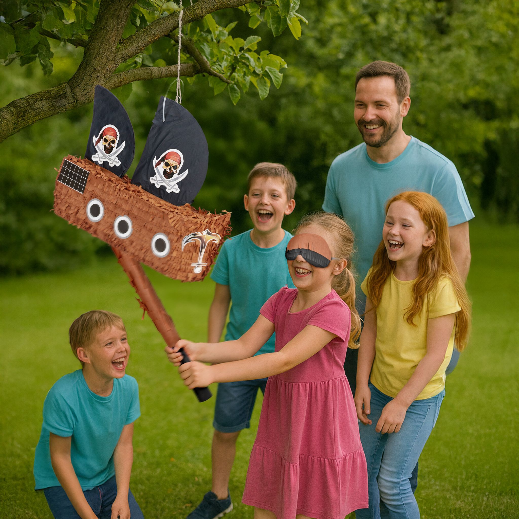 Pinata Piratenschiff Stab & Maske Hellbraun-Rot-Schwarz von Relaxdays