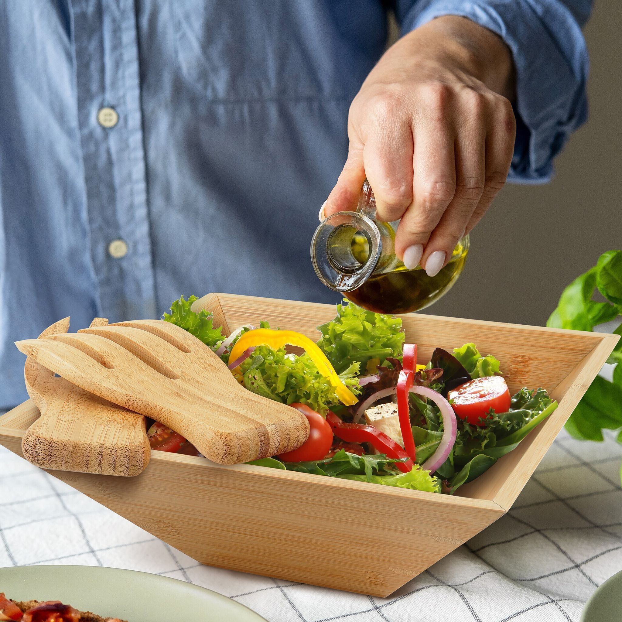 Bambus Salatschüssel mit Salatbesteck Hellbraun von Relaxdays