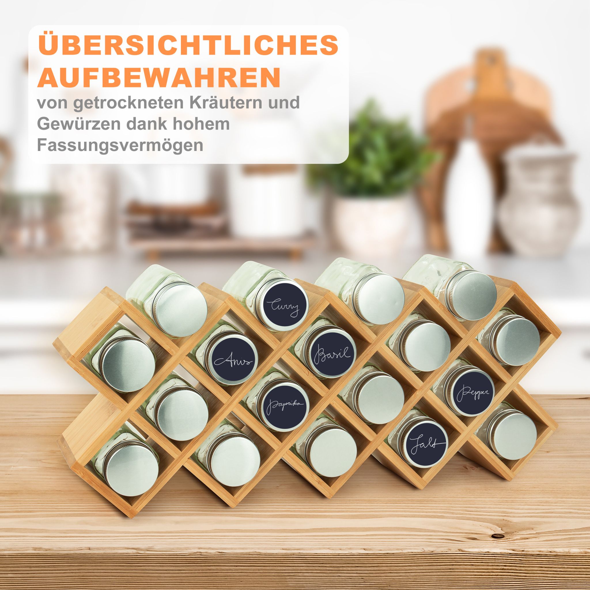 Gewürzregal Bambus mit Gläsern Hellbraun-Silber-Transparent von Relaxdays