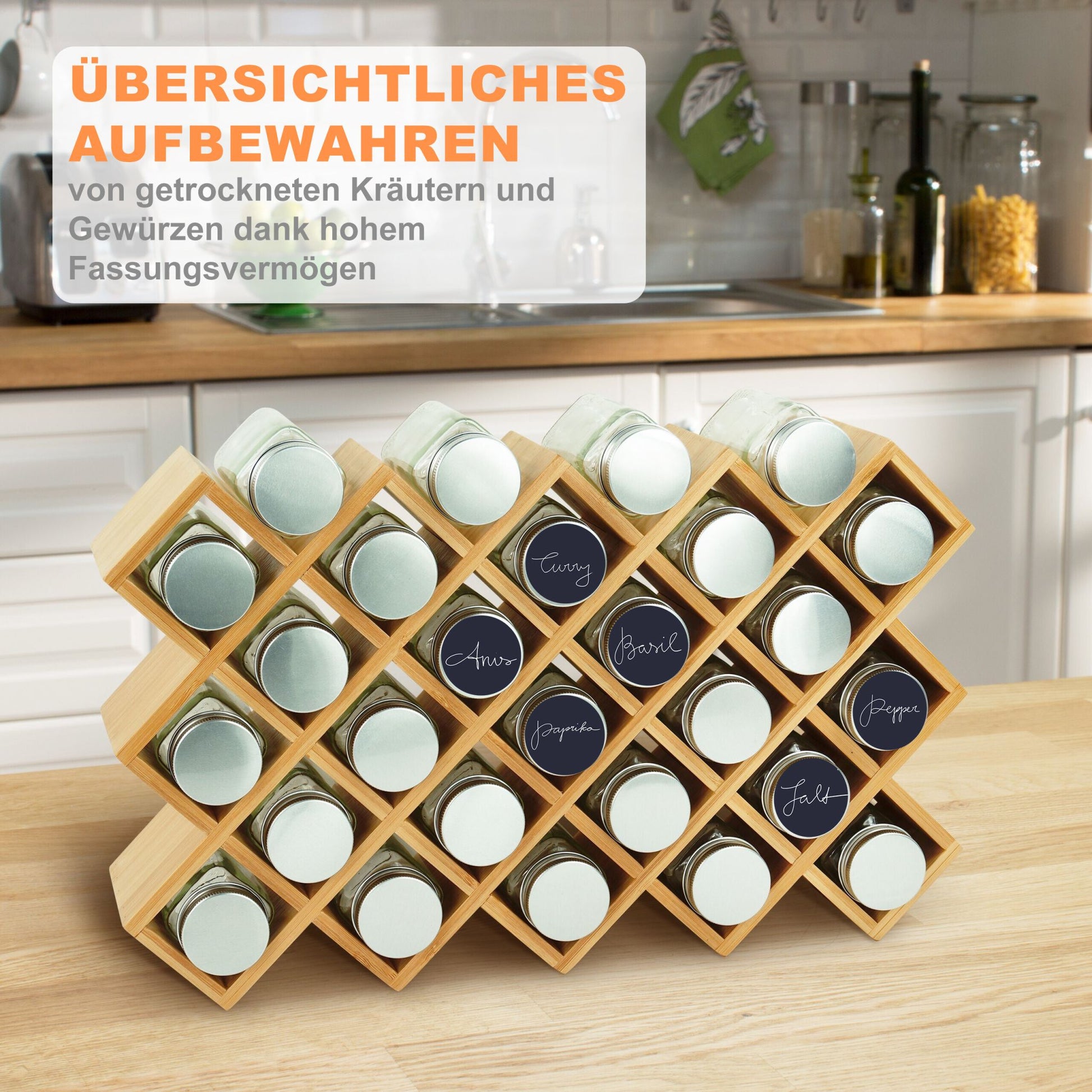 Gewürzregal Bambus mit Gläsern Hellbraun-Silber-Transparent von Relaxdays