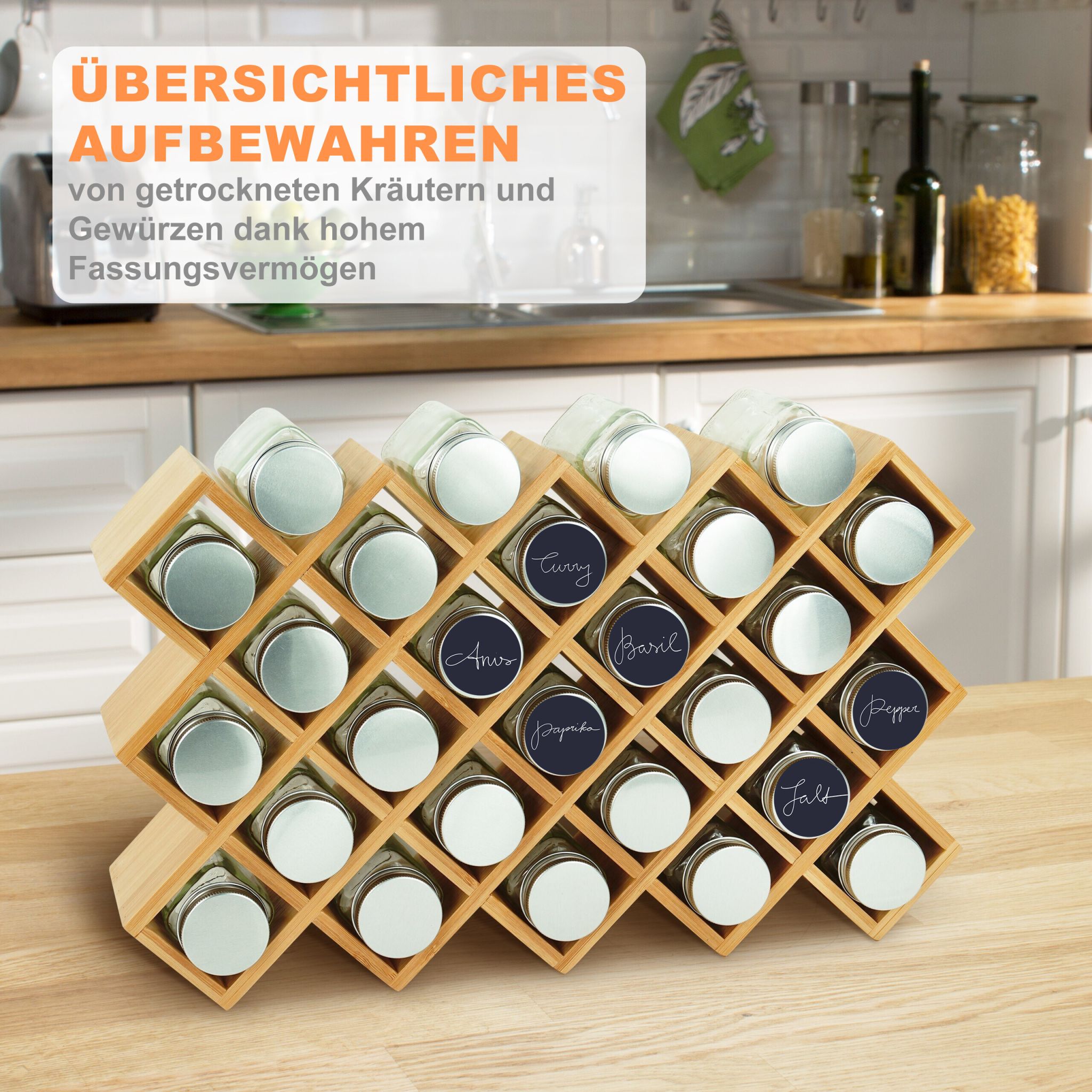 Gewürzregal Bambus mit Gläsern Hellbraun-Silber-Transparent von Relaxdays