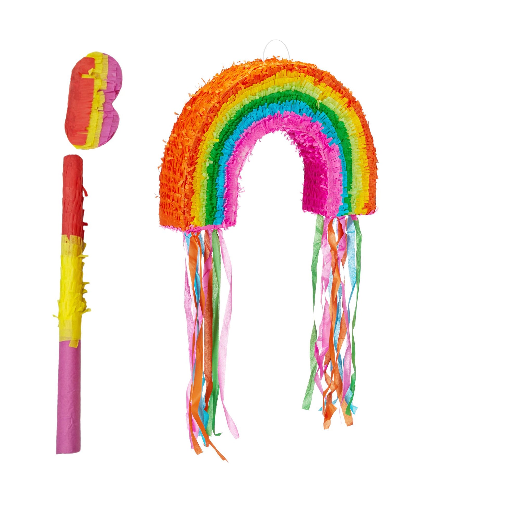 Pinata Regenbogen mit Stab und Maske Grün-Orange-Pink von Relaxdays