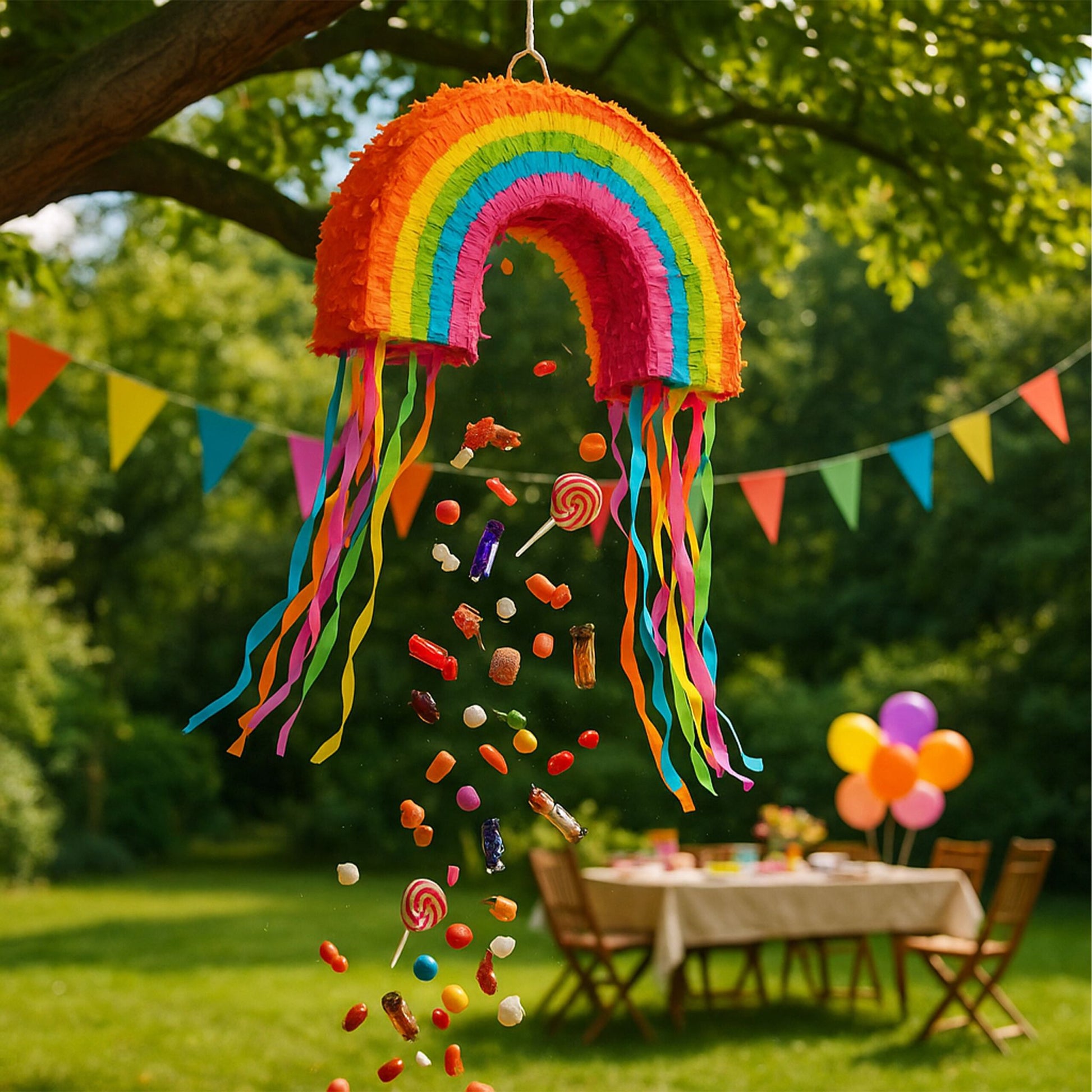 Pinata Regenbogen mit Stab und Maske Grün-Orange-Pink von Relaxdays