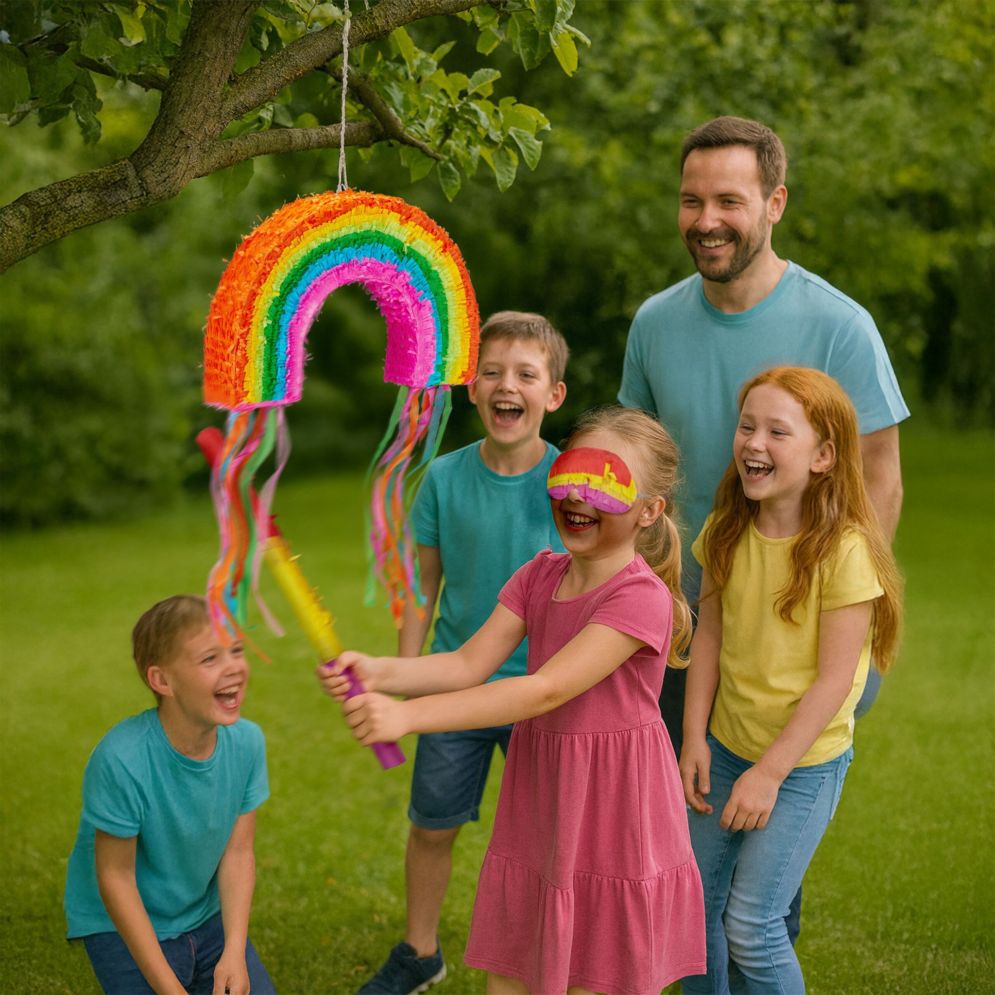 Pinata Regenbogen mit Stab und Maske Grün-Orange-Pink von Relaxdays