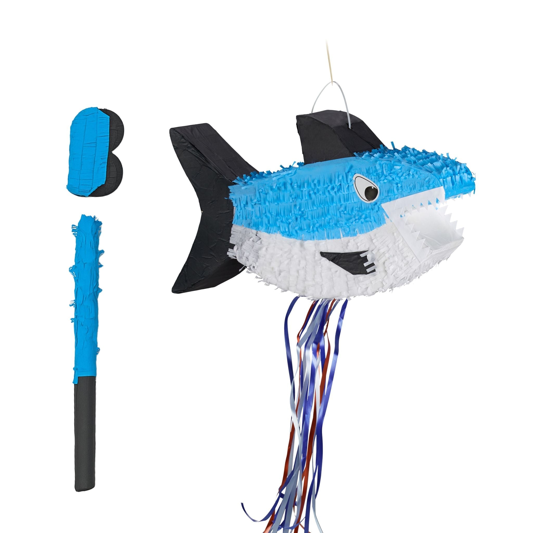 Pinata Hai mit Stab und Maske Weiss-Blau-Schwarz von Relaxdays