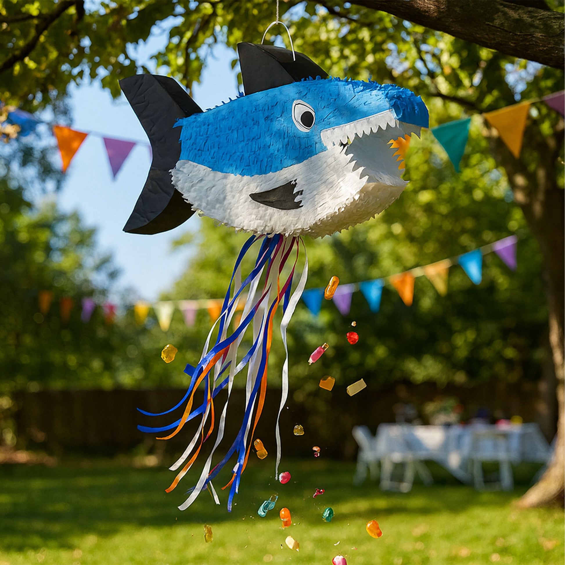Pinata Hai mit Stab und Maske Weiss-Blau-Schwarz von Relaxdays