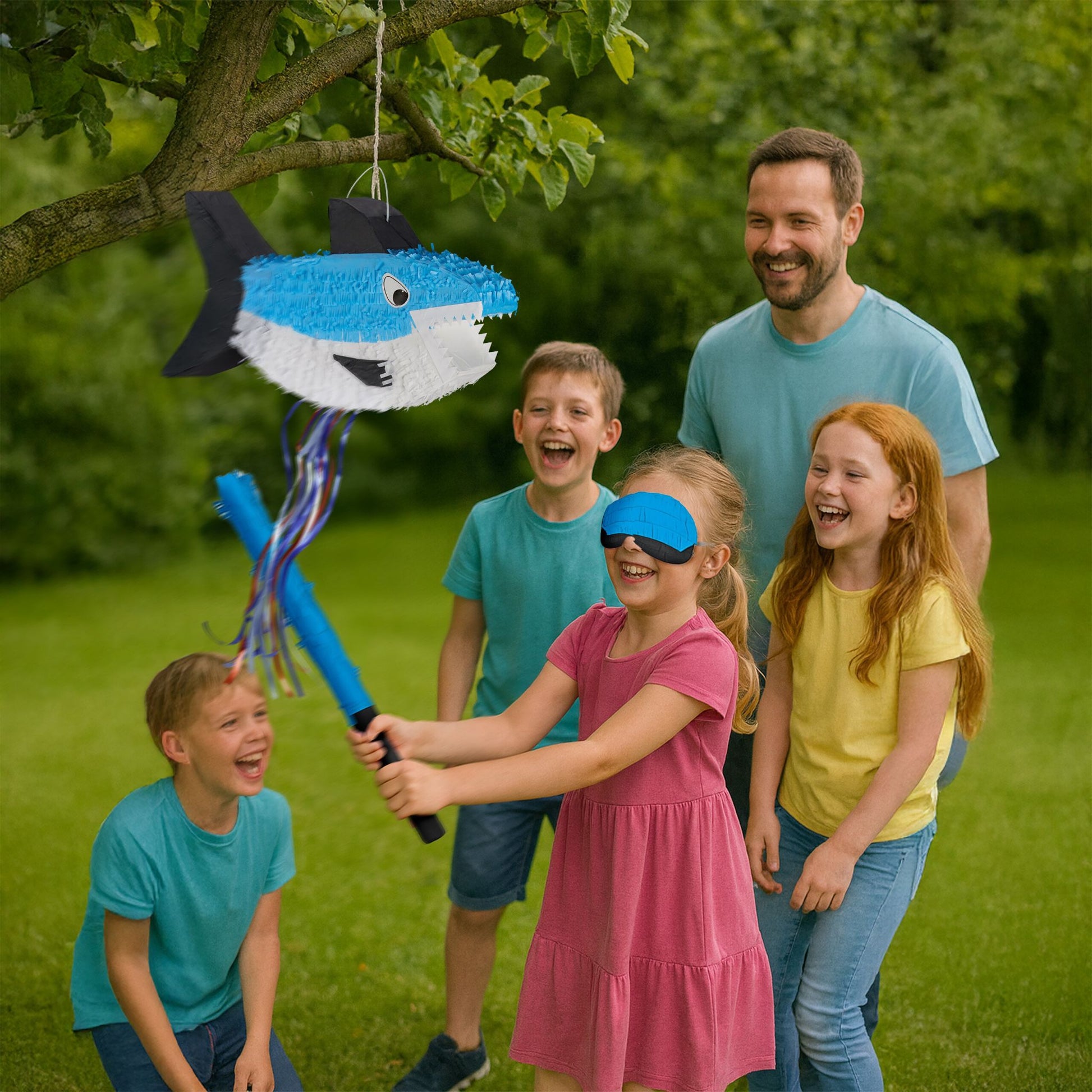 Pinata Hai mit Stab und Maske Weiss-Blau-Schwarz von Relaxdays