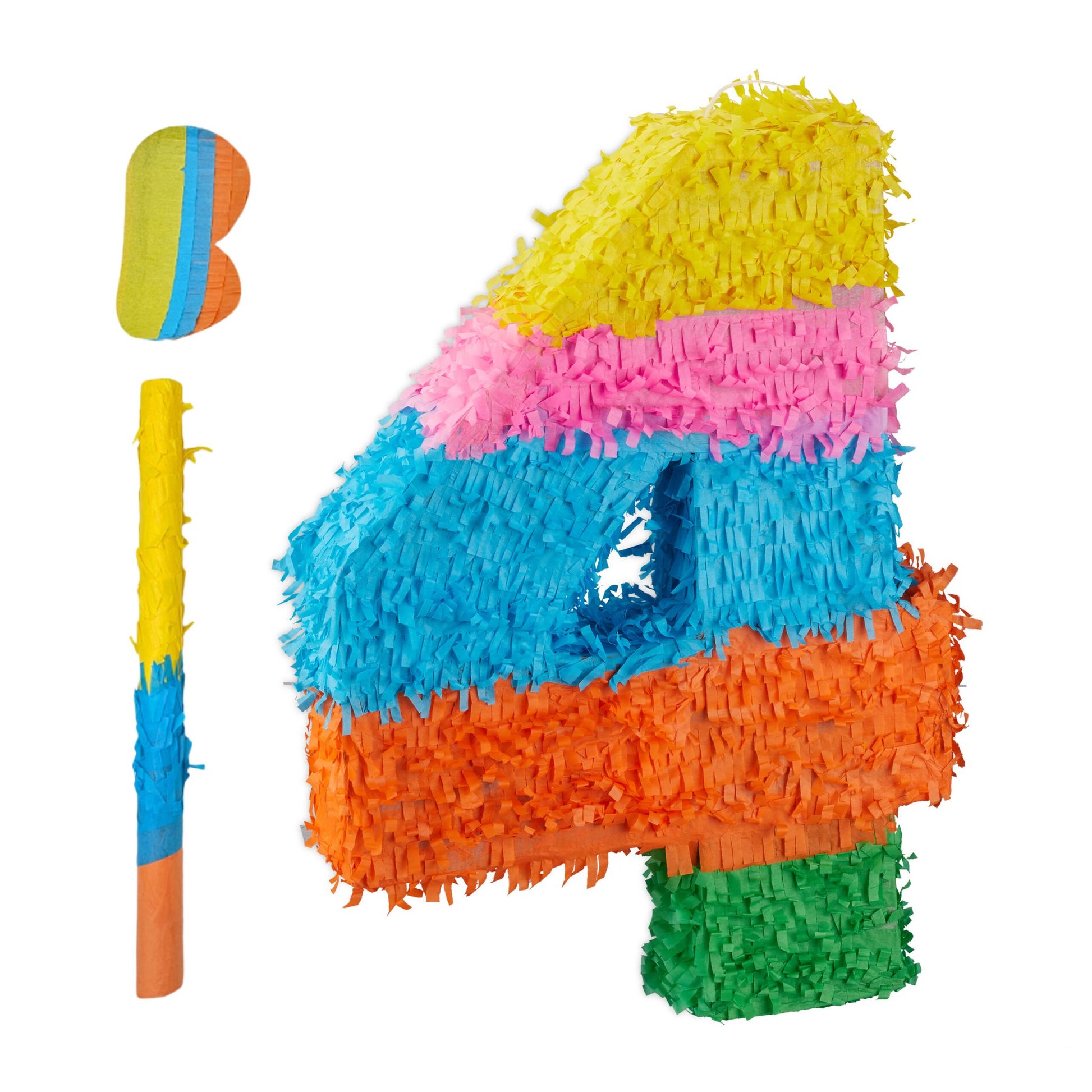 Pinata Zahl mit Stab und Maske Blau-Grün-Orange von Relaxdays