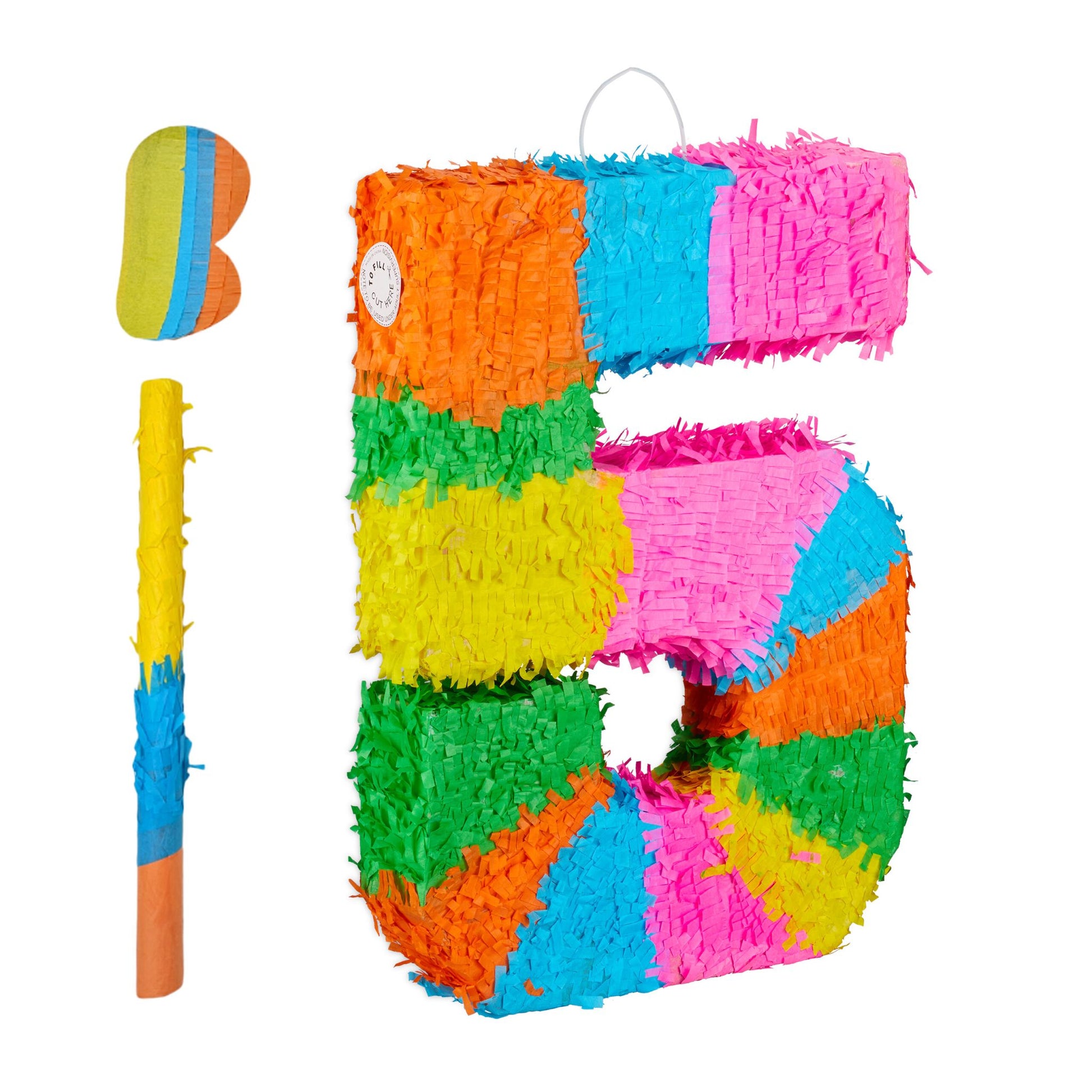 Pinata Zahl mit Stab und Maske Blau-Orange-Rosa von Relaxdays