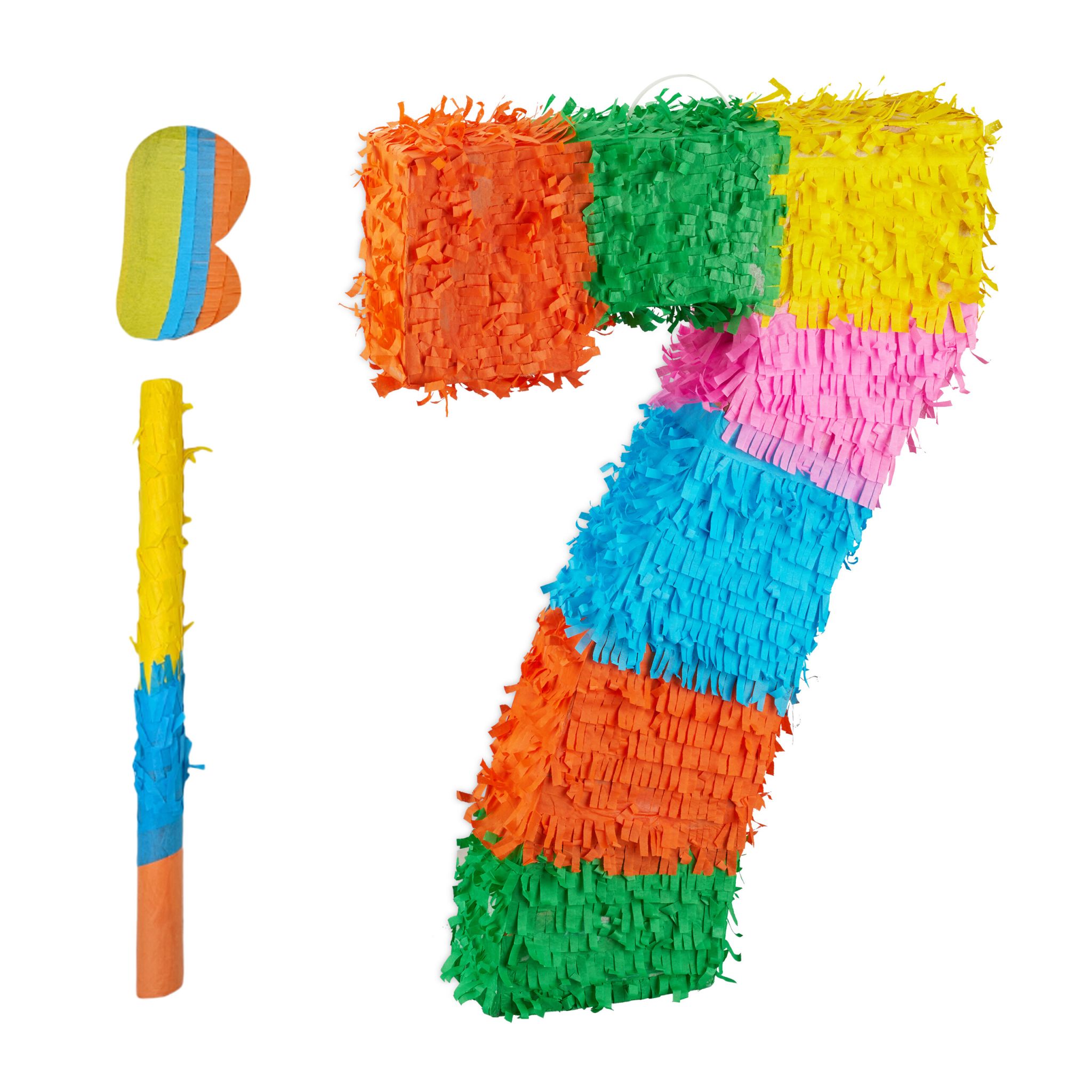 Pinata Zahl mit Stab und Maske Gelb-Grün-Orange von Relaxdays