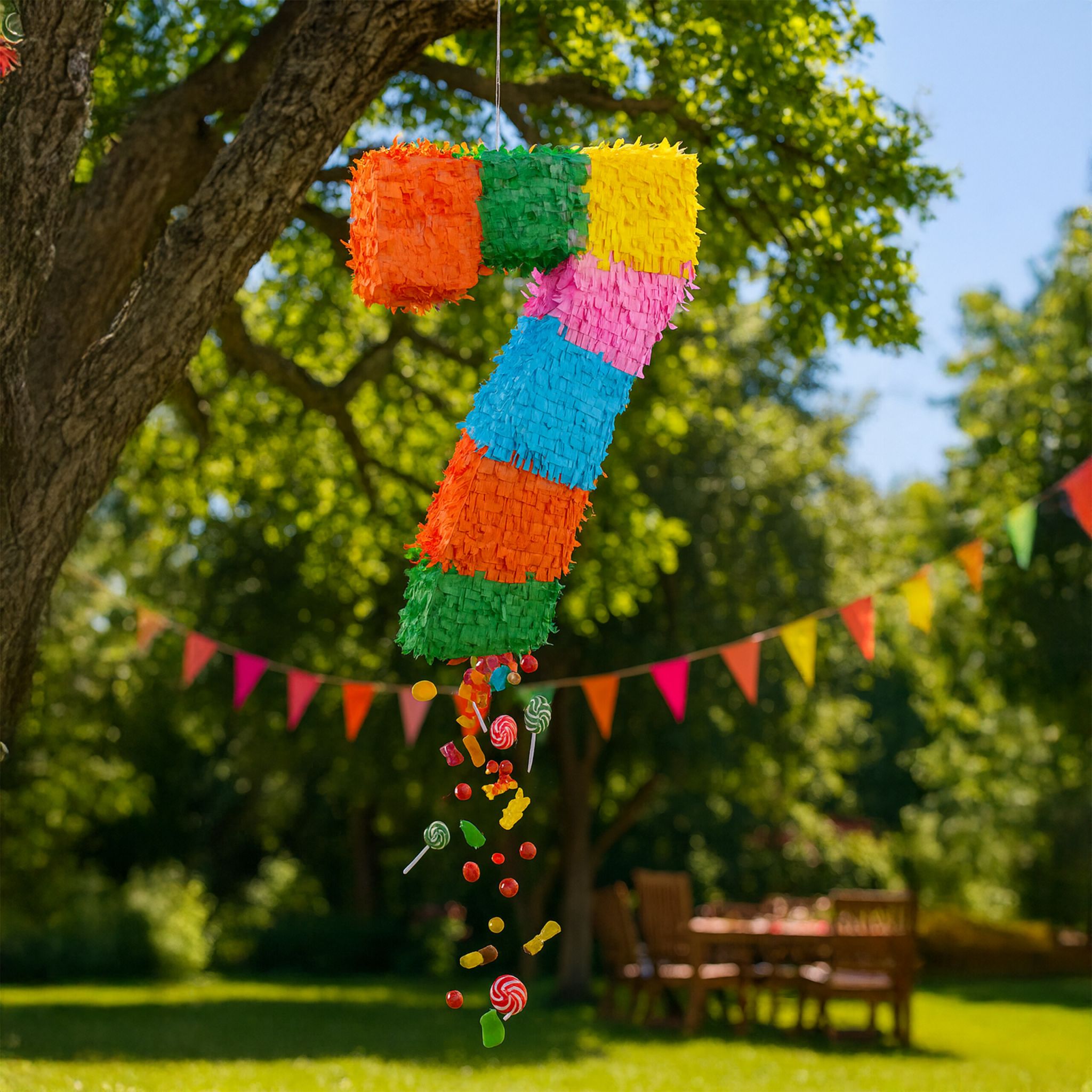 Pinata Zahl mit Stab und Maske Gelb-Grün-Orange von Relaxdays