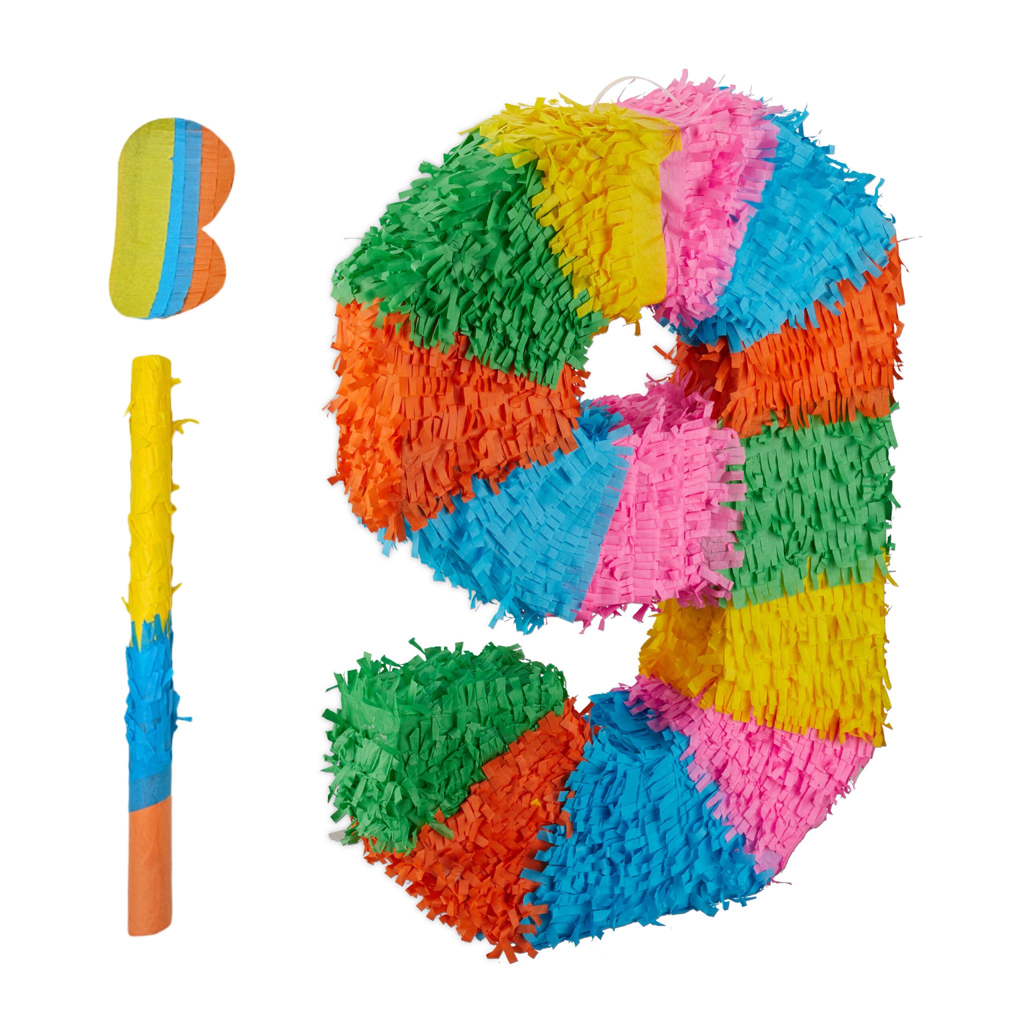 Pinata Zahl mit Stab und Maske Blau-Grün-Rosa von Relaxdays