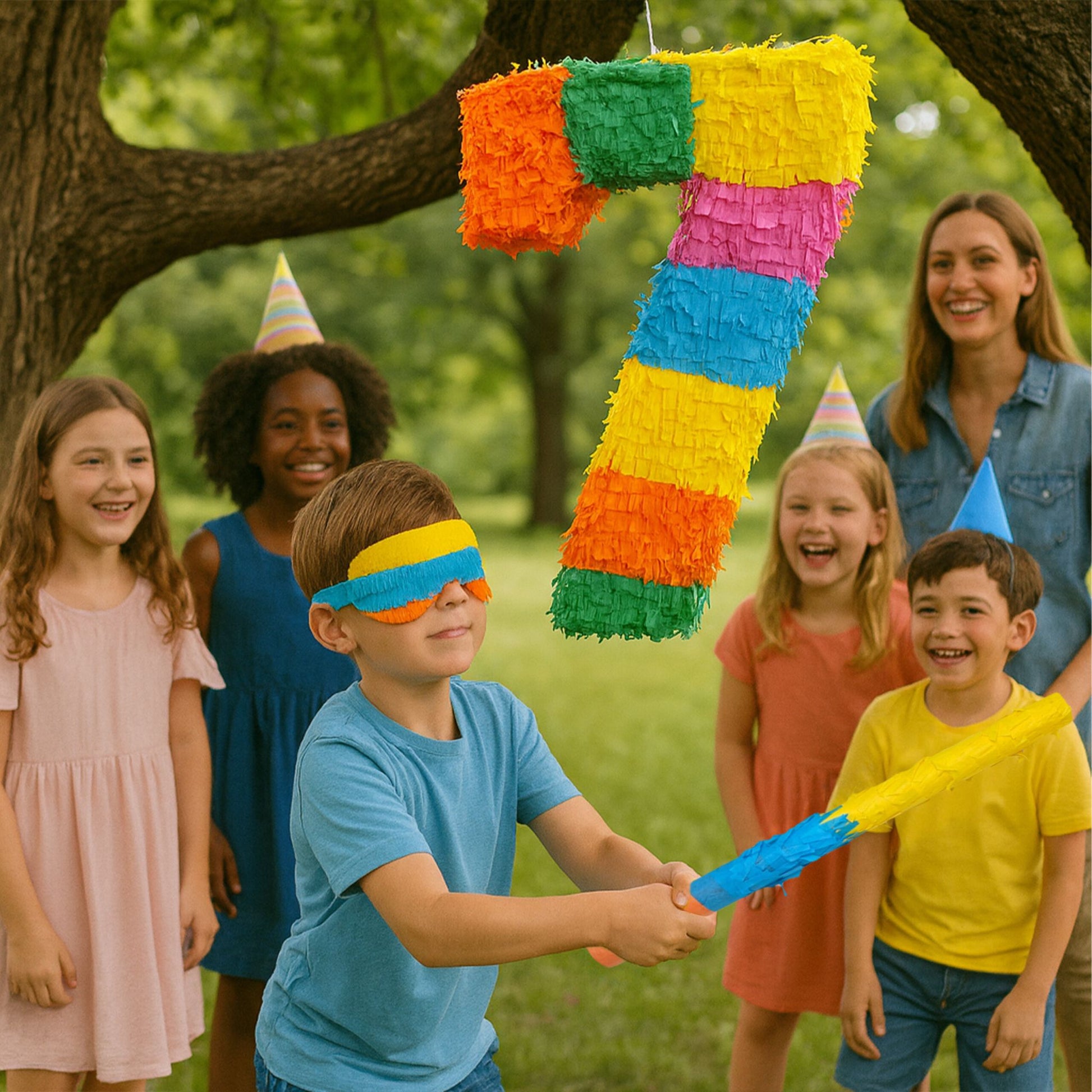 Pinata Zahl mit Stab und Maske Blau-Grün-Rosa von Relaxdays