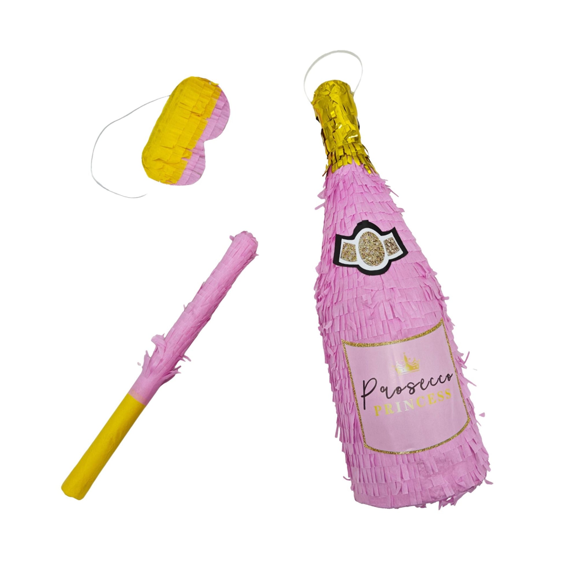 Pinata Sektflasche mit Stab & Maske Gelb-Gold-Rosa von Relaxdays
