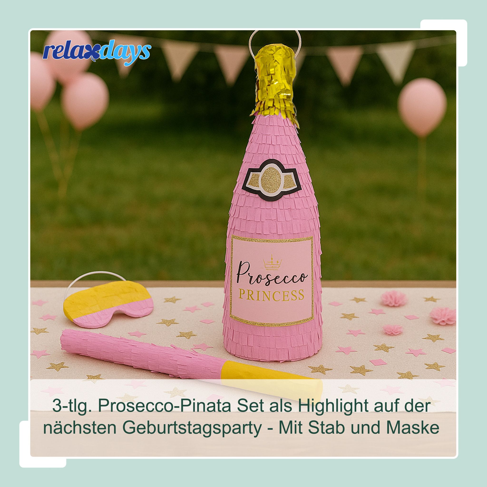Pinata Sektflasche mit Stab & Maske Gelb-Gold-Rosa von Relaxdays