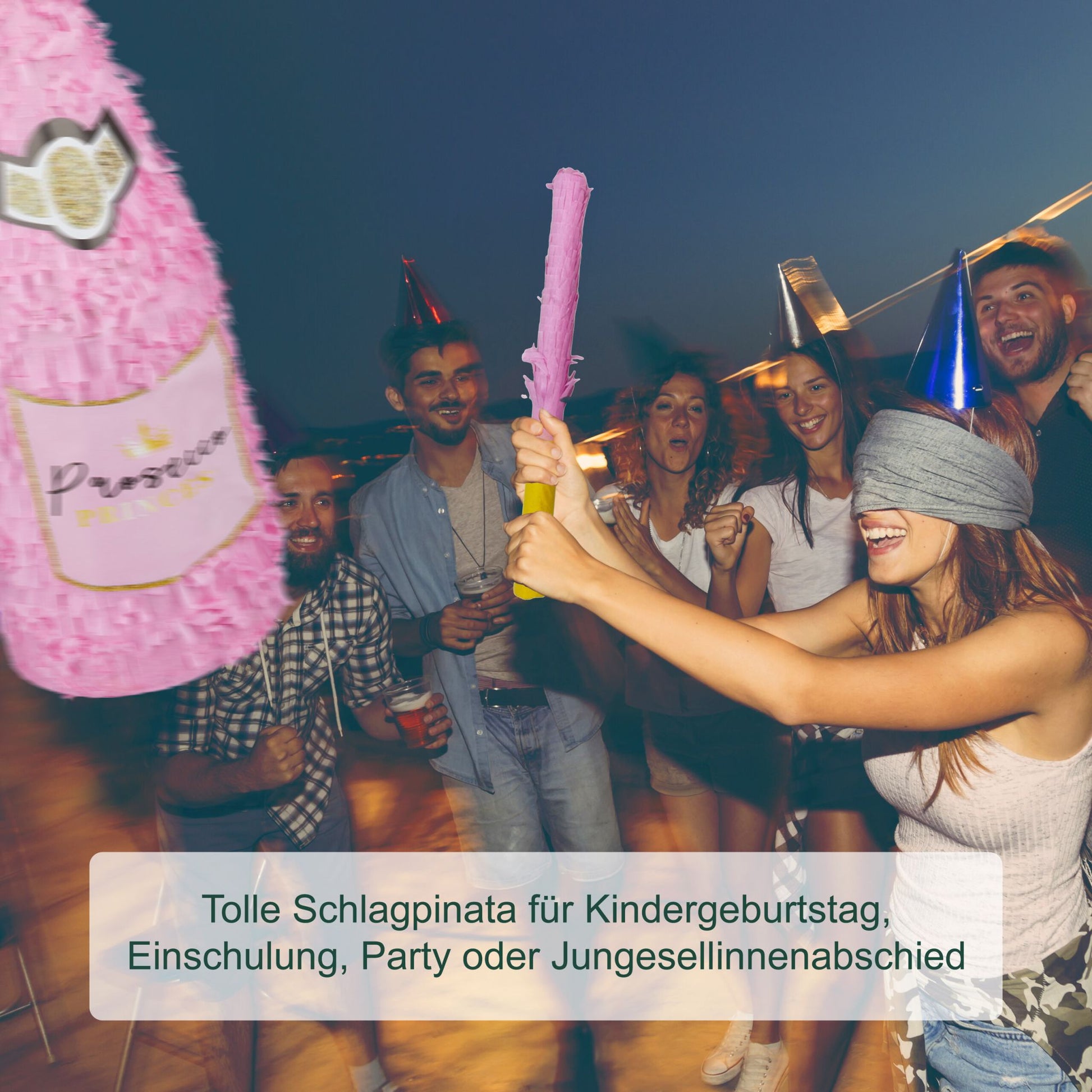 Pinata Sektflasche mit Stab & Maske Gelb-Gold-Rosa von Relaxdays