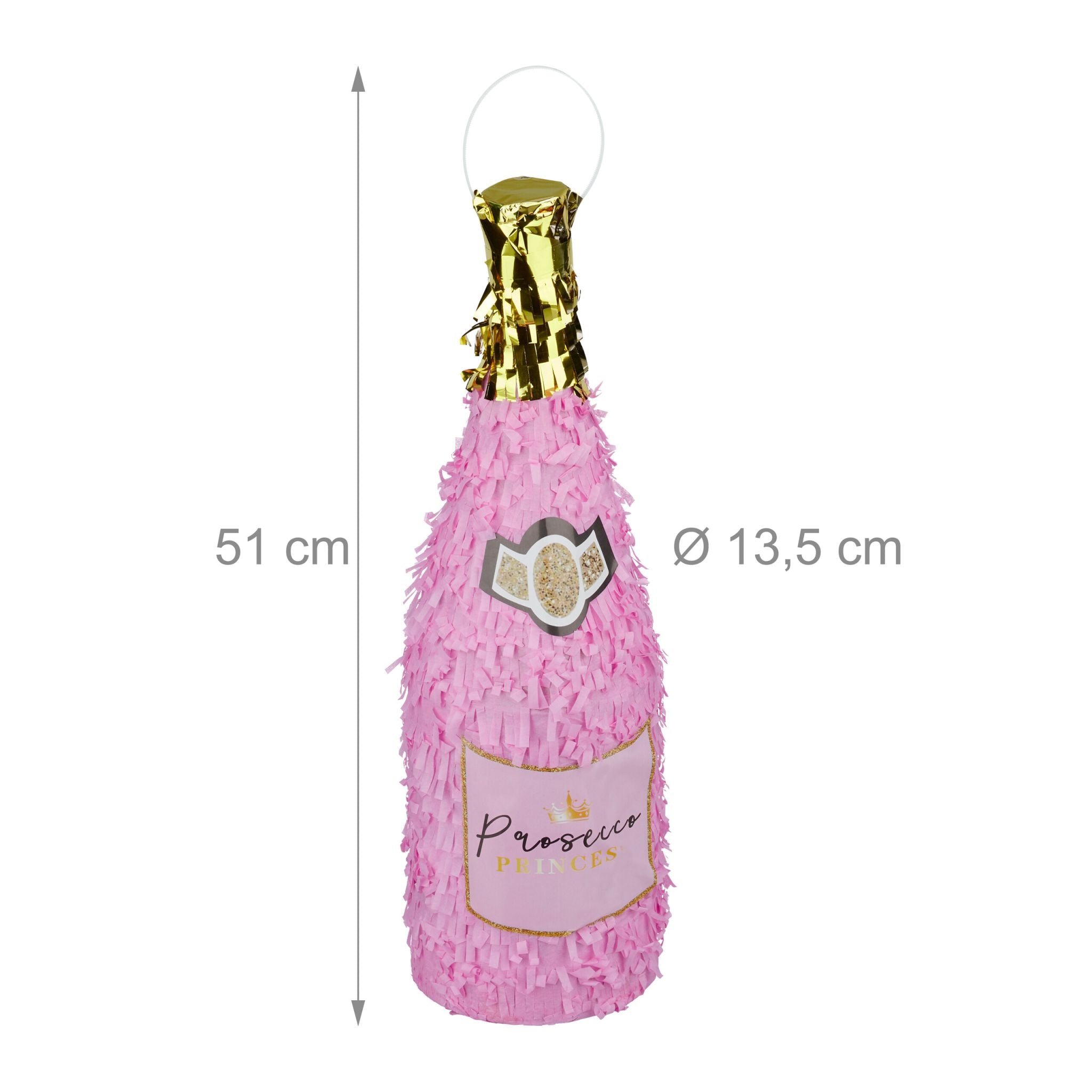 Pinata Sektflasche mit Stab & Maske Gelb-Gold-Rosa von Relaxdays