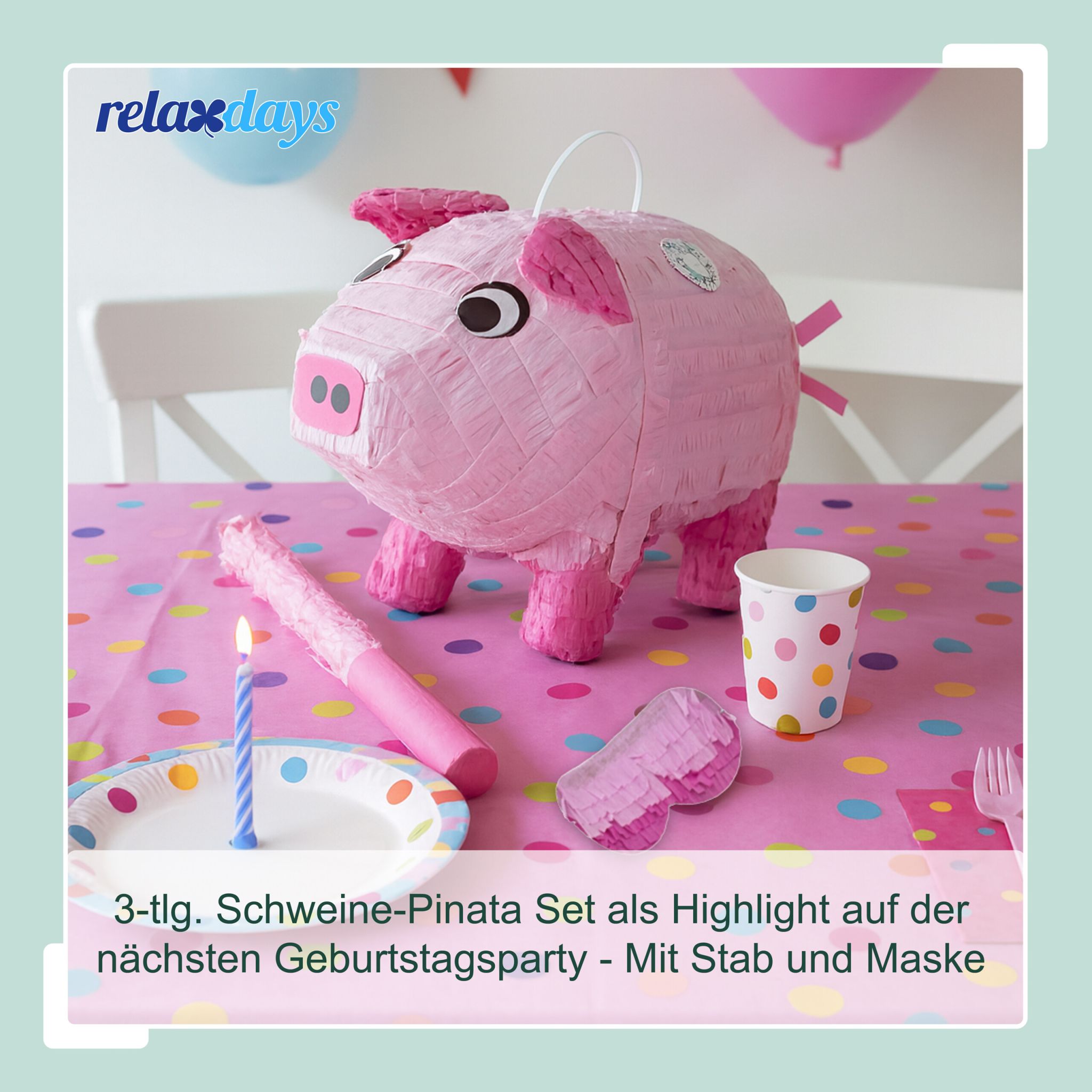 Pinata Schwein mit Stab und Maske Pink-Rosa von Relaxdays