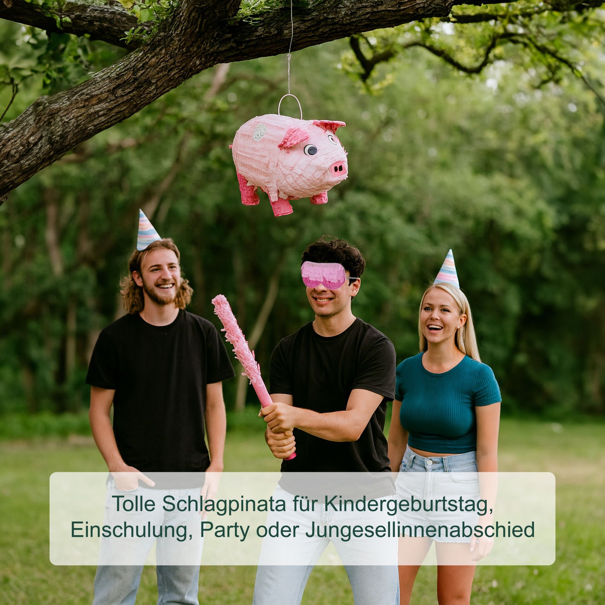 Pinata Schwein mit Stab und Maske Pink-Rosa von Relaxdays