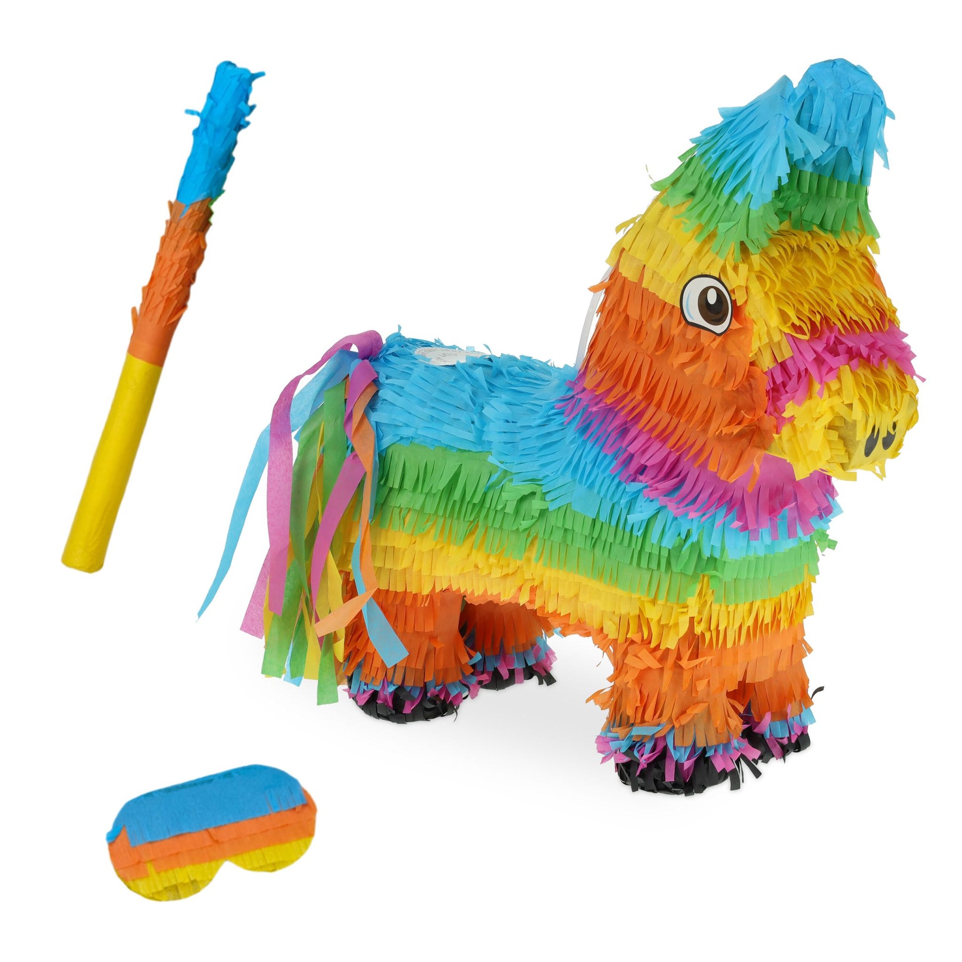 Pinata Esel mit Stab und Maske Blau-Gelb-Orange von Relaxdays