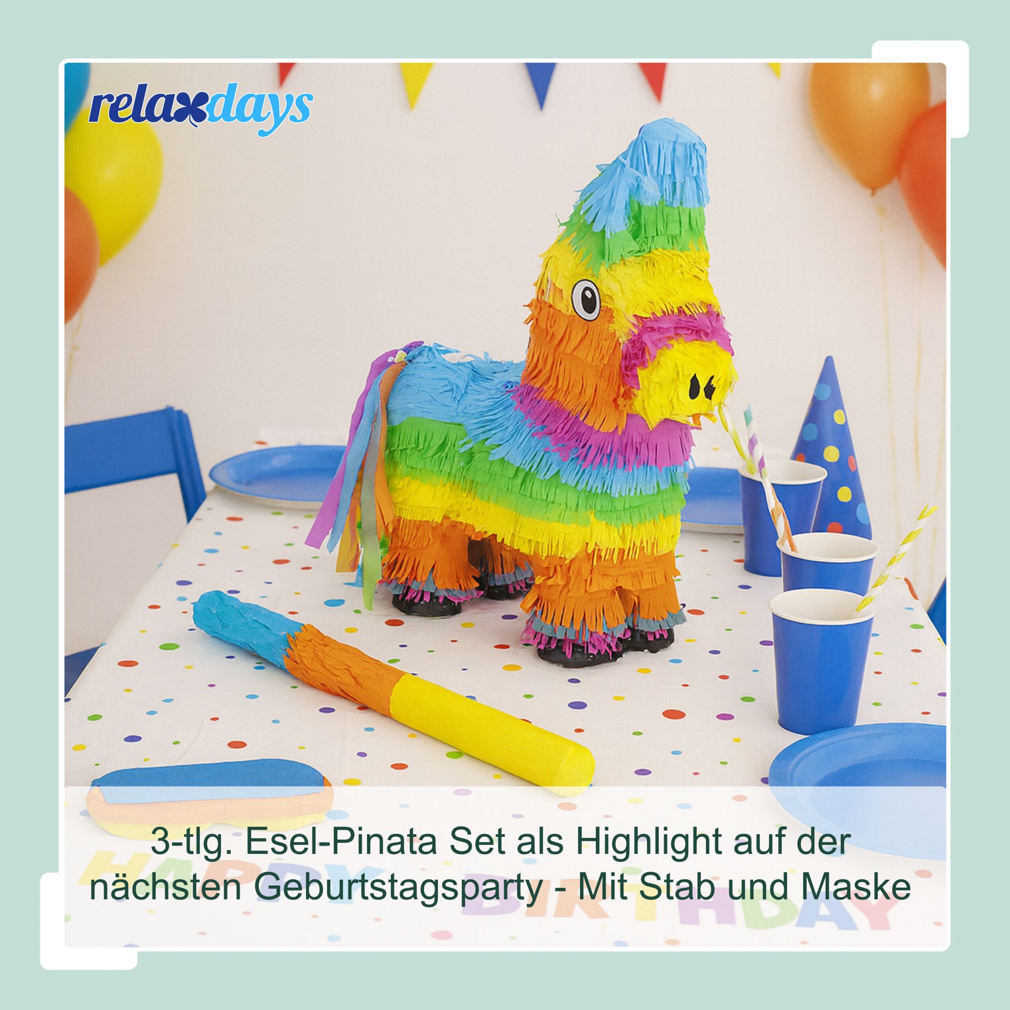 Pinata Esel mit Stab und Maske Blau-Gelb-Orange von Relaxdays