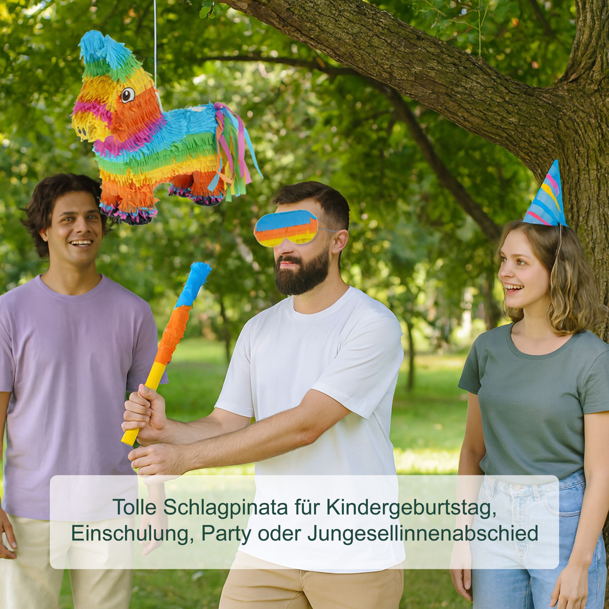 Pinata Esel mit Stab und Maske Blau-Gelb-Orange von Relaxdays