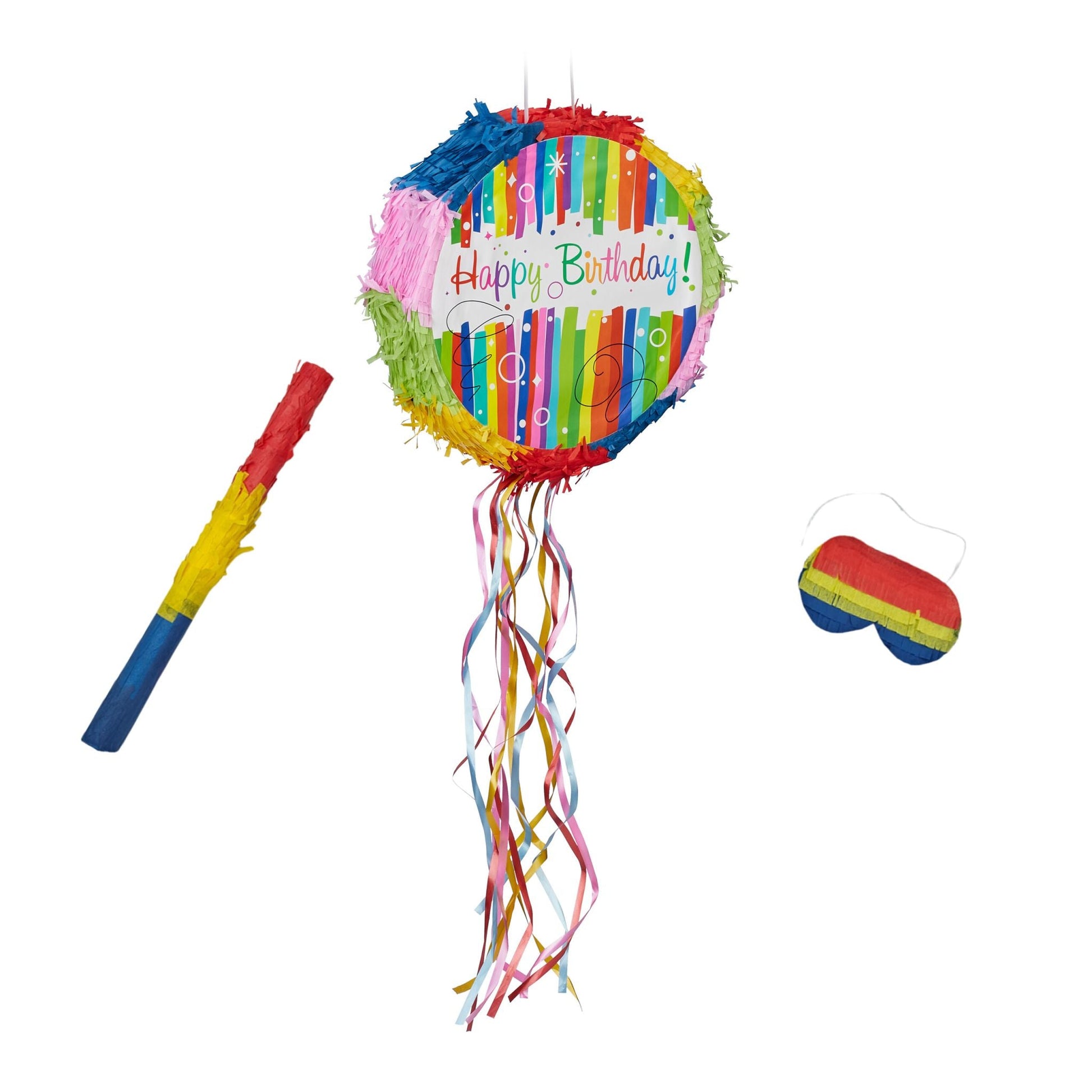 Pinata Geburtstag mit Stab und Maske Blau-Grün-Rot von Relaxdays