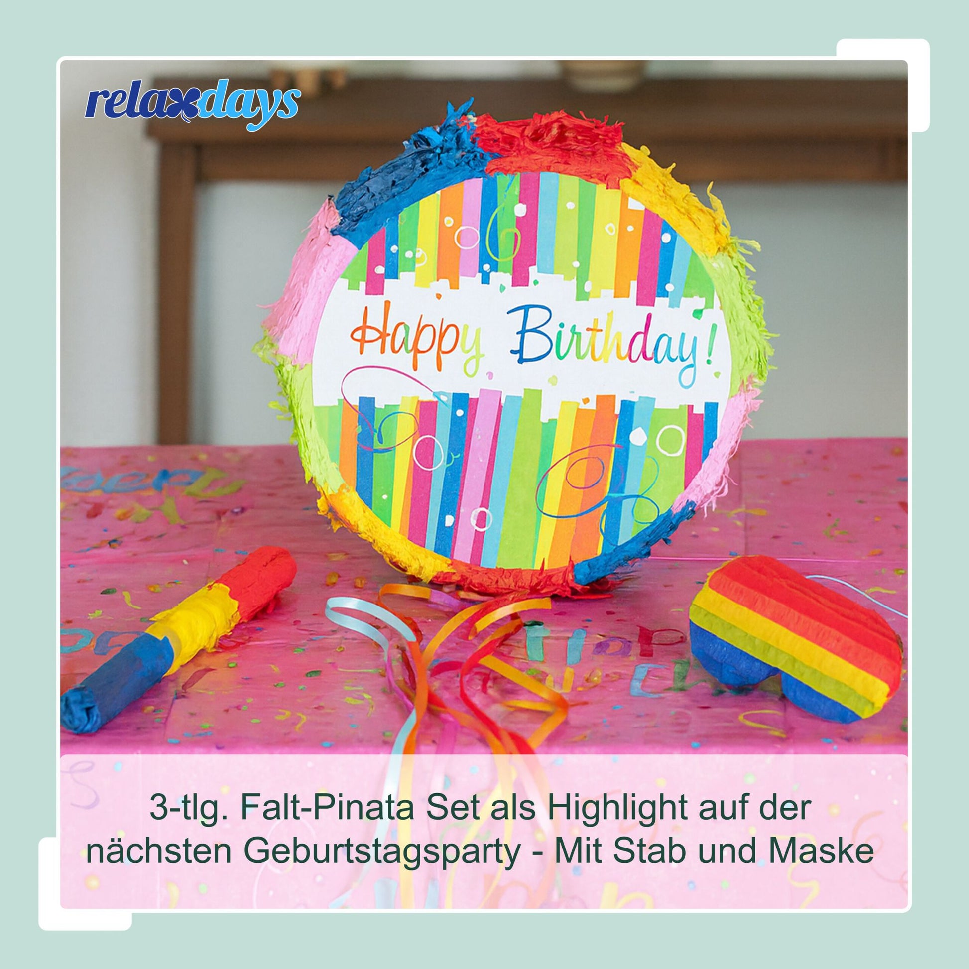 Pinata Geburtstag mit Stab und Maske Blau-Grün-Rot von Relaxdays
