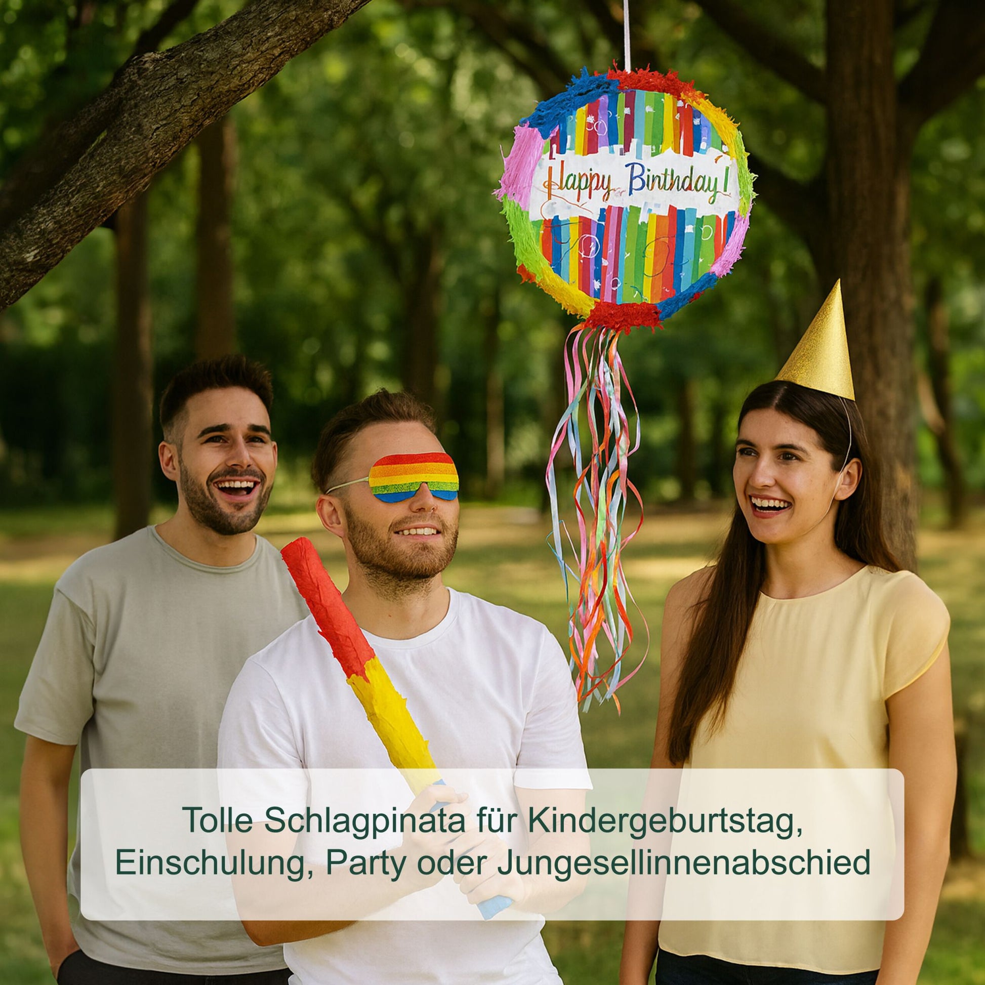 Pinata Geburtstag mit Stab und Maske Blau-Grün-Rot von Relaxdays