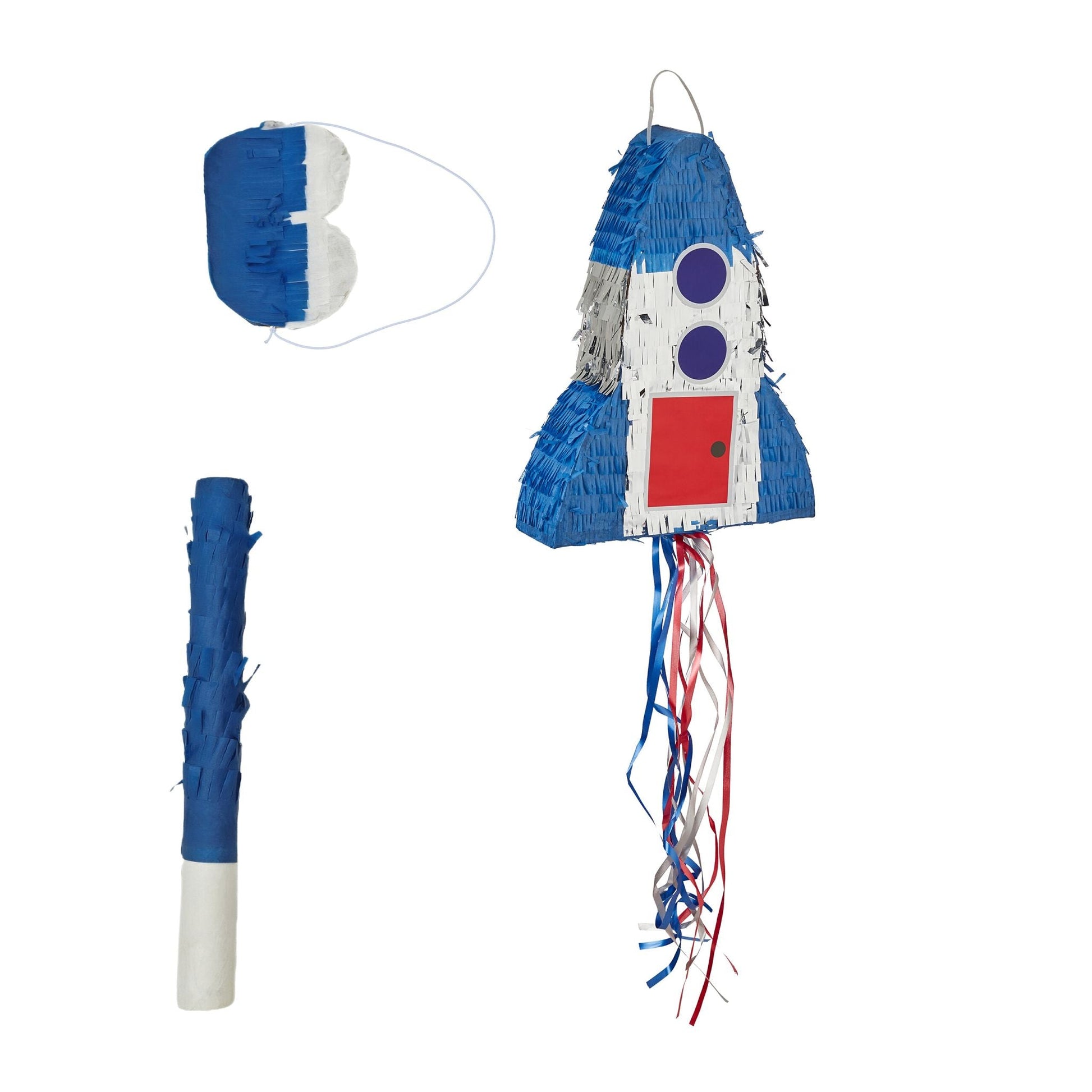 Pinata Rakete mit Stab und Maske Blau-Rot-Silber von Relaxdays