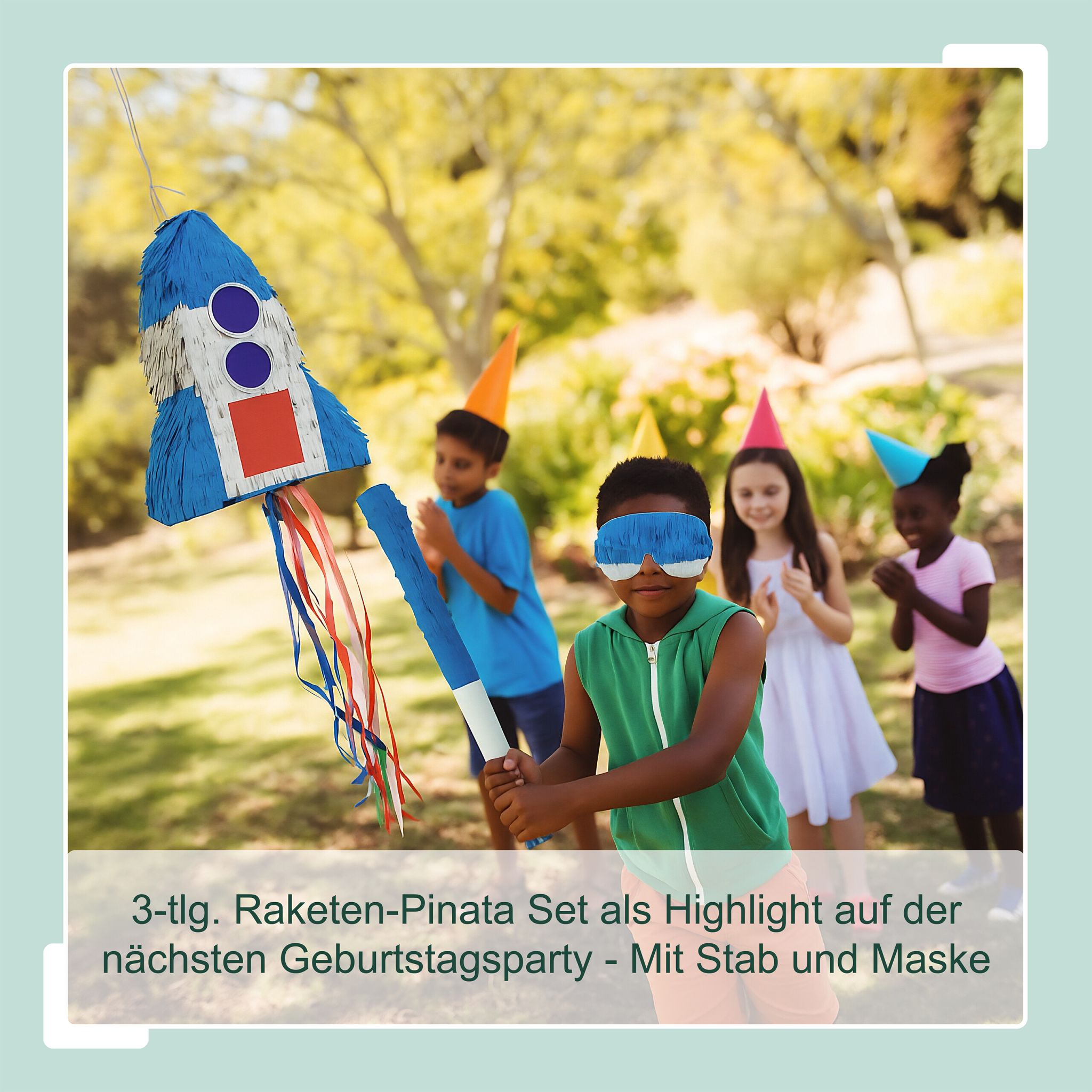 Pinata Rakete mit Stab und Maske Blau-Rot-Silber von Relaxdays