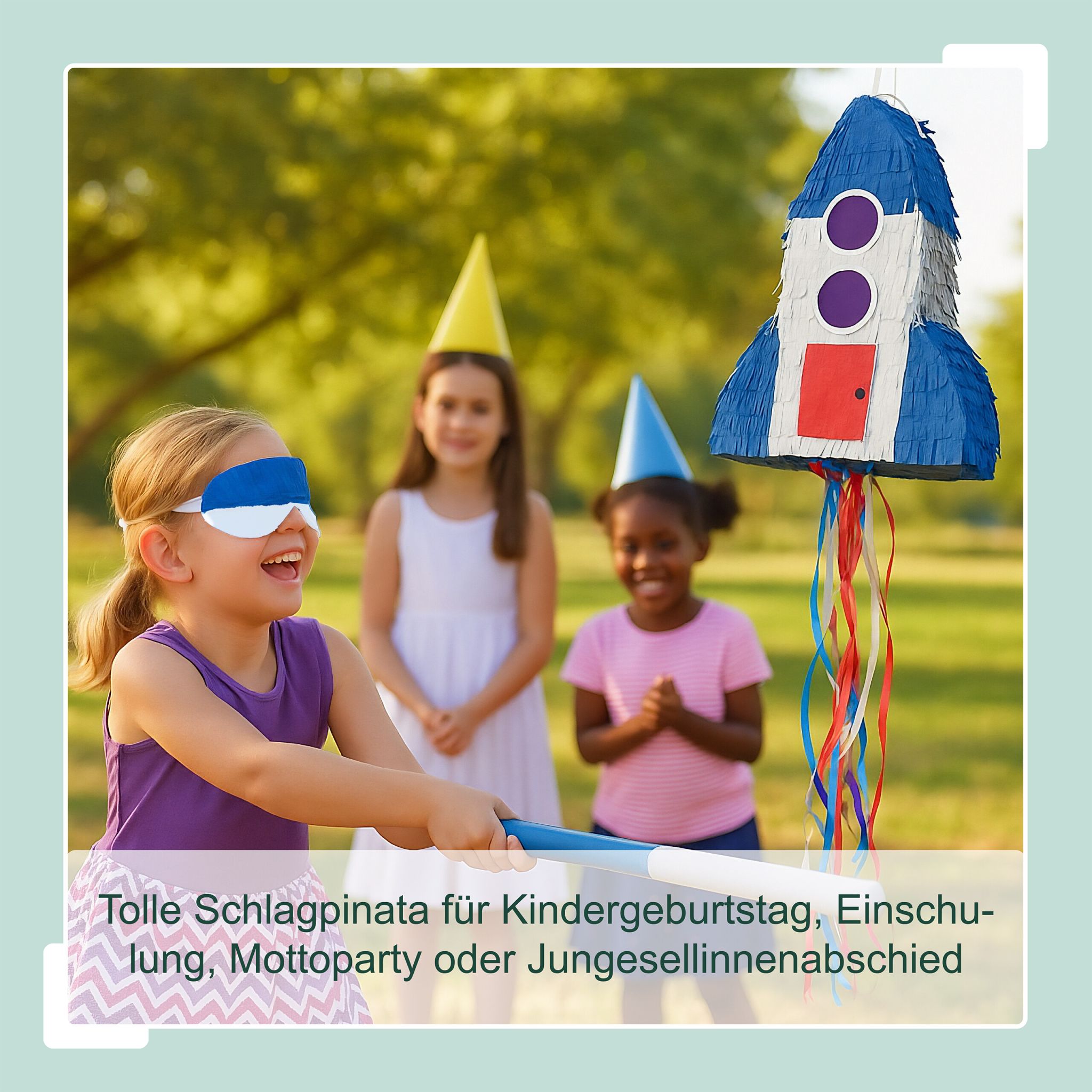 Pinata Rakete mit Stab und Maske Blau-Rot-Silber von Relaxdays