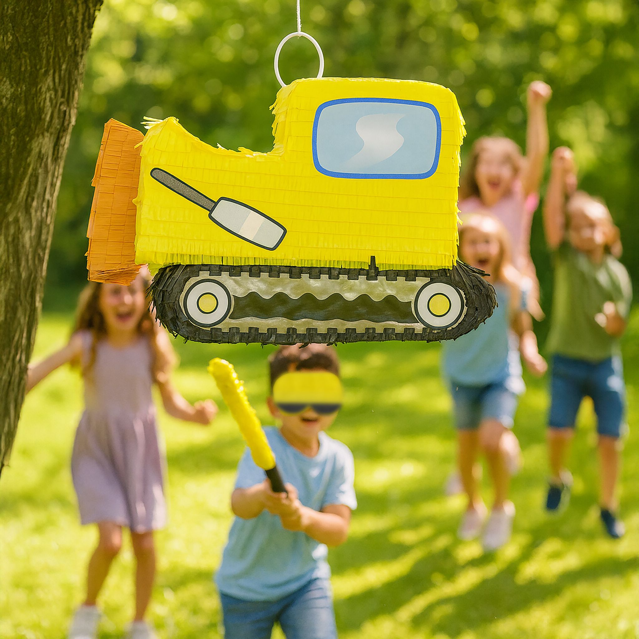 Pinata Baustelle mit Stab & Maske Gelb-Orange-Schwarz von Relaxdays