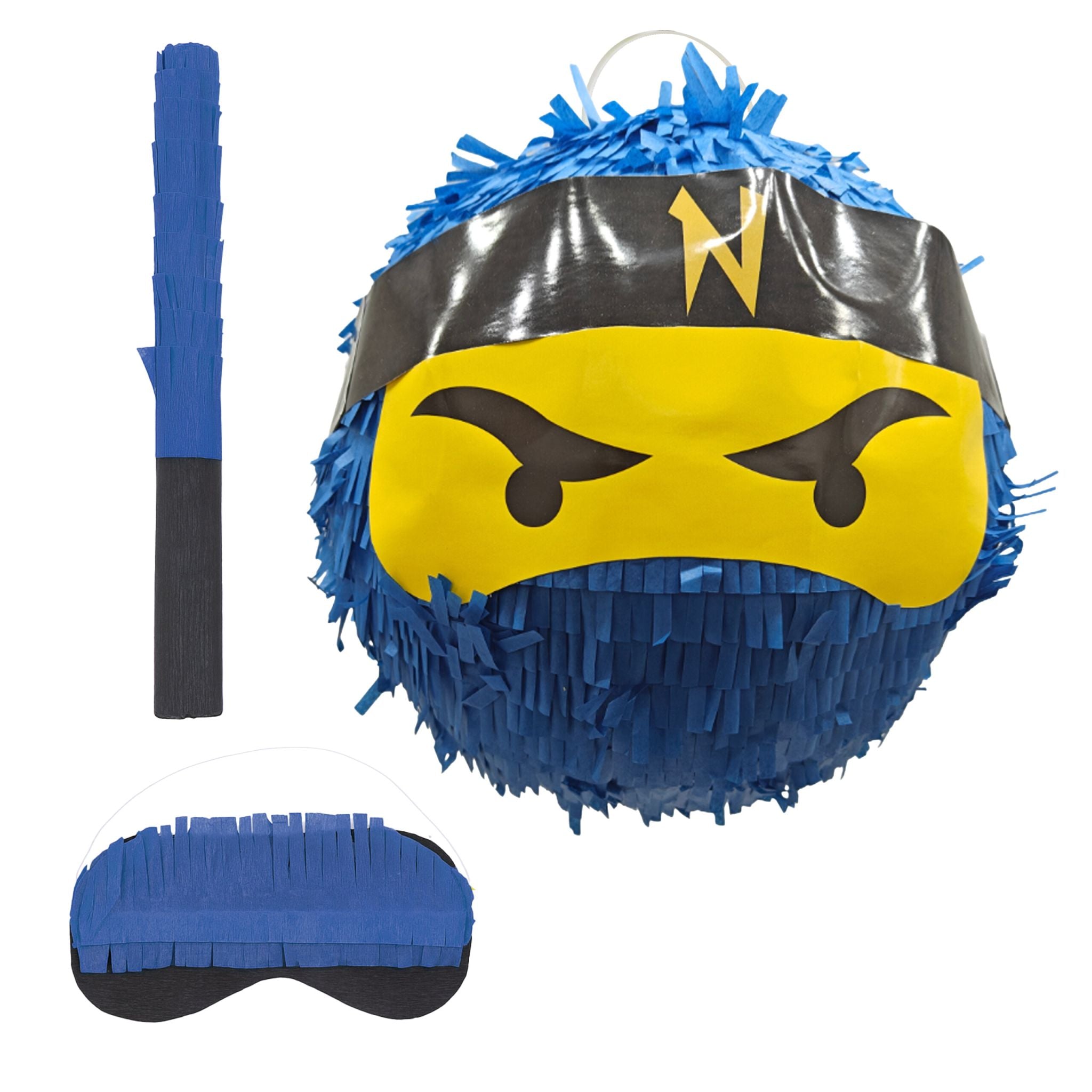 Pinata Ninja mit Stab & Maske Blau-Gelb-Schwarz von Relaxdays