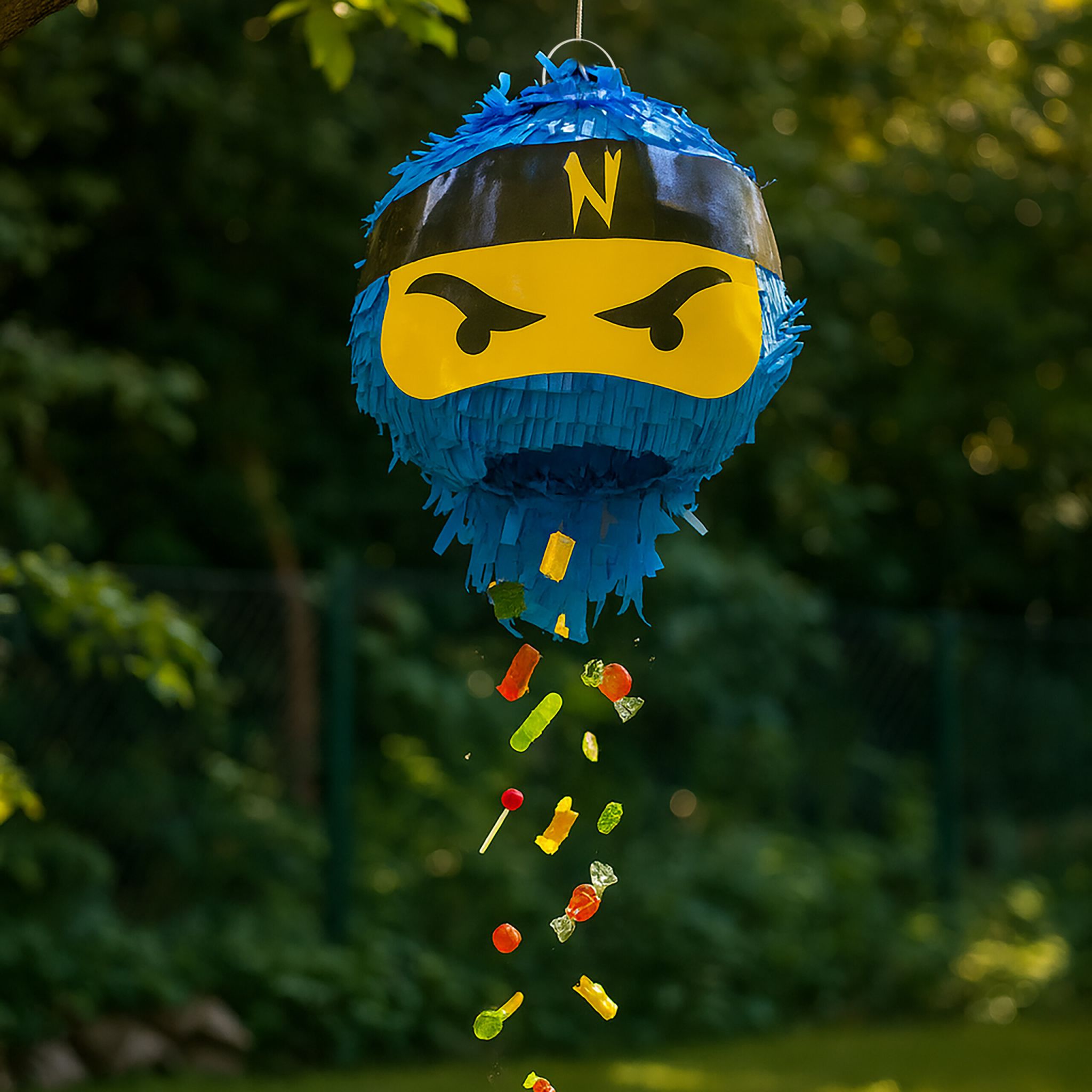 Pinata Ninja mit Stab & Maske Blau-Gelb-Schwarz von Relaxdays