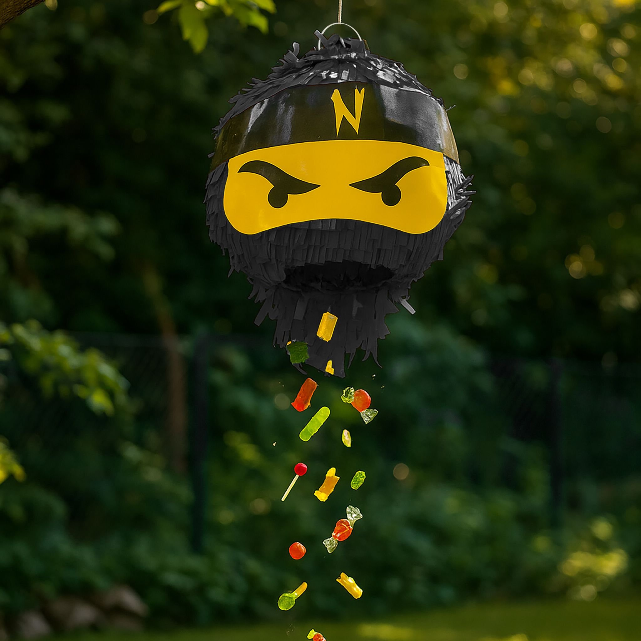 Pinata Ninja mit Stab & Maske Gelb-Schwarz von Relaxdays
