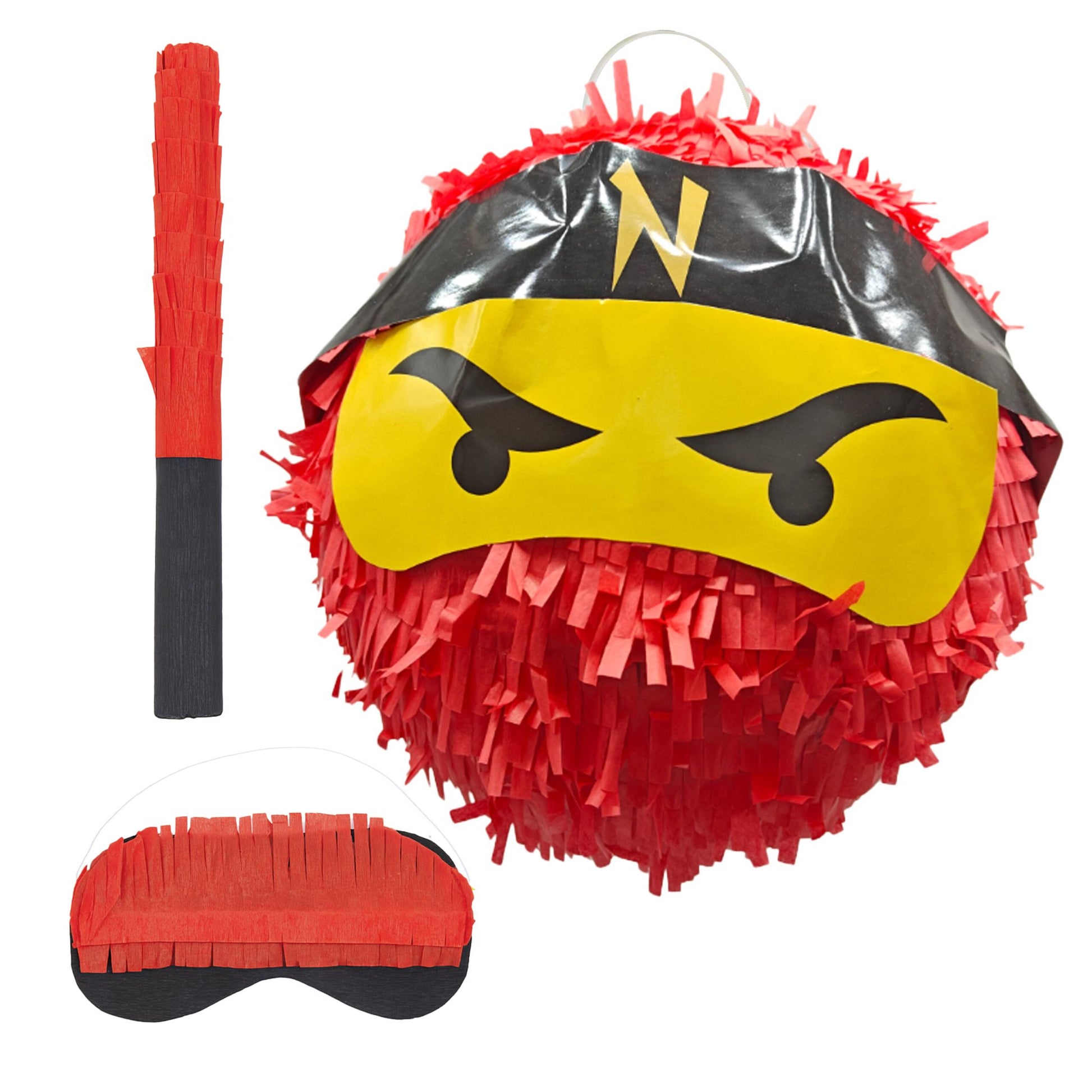 Pinata Ninja mit Stab & Maske Gelb-Rot-Schwarz von Relaxdays