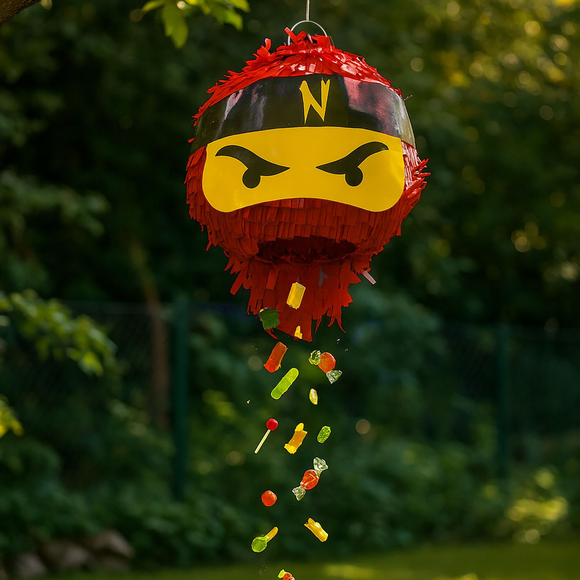 Pinata Ninja mit Stab & Maske Gelb-Rot-Schwarz von Relaxdays
