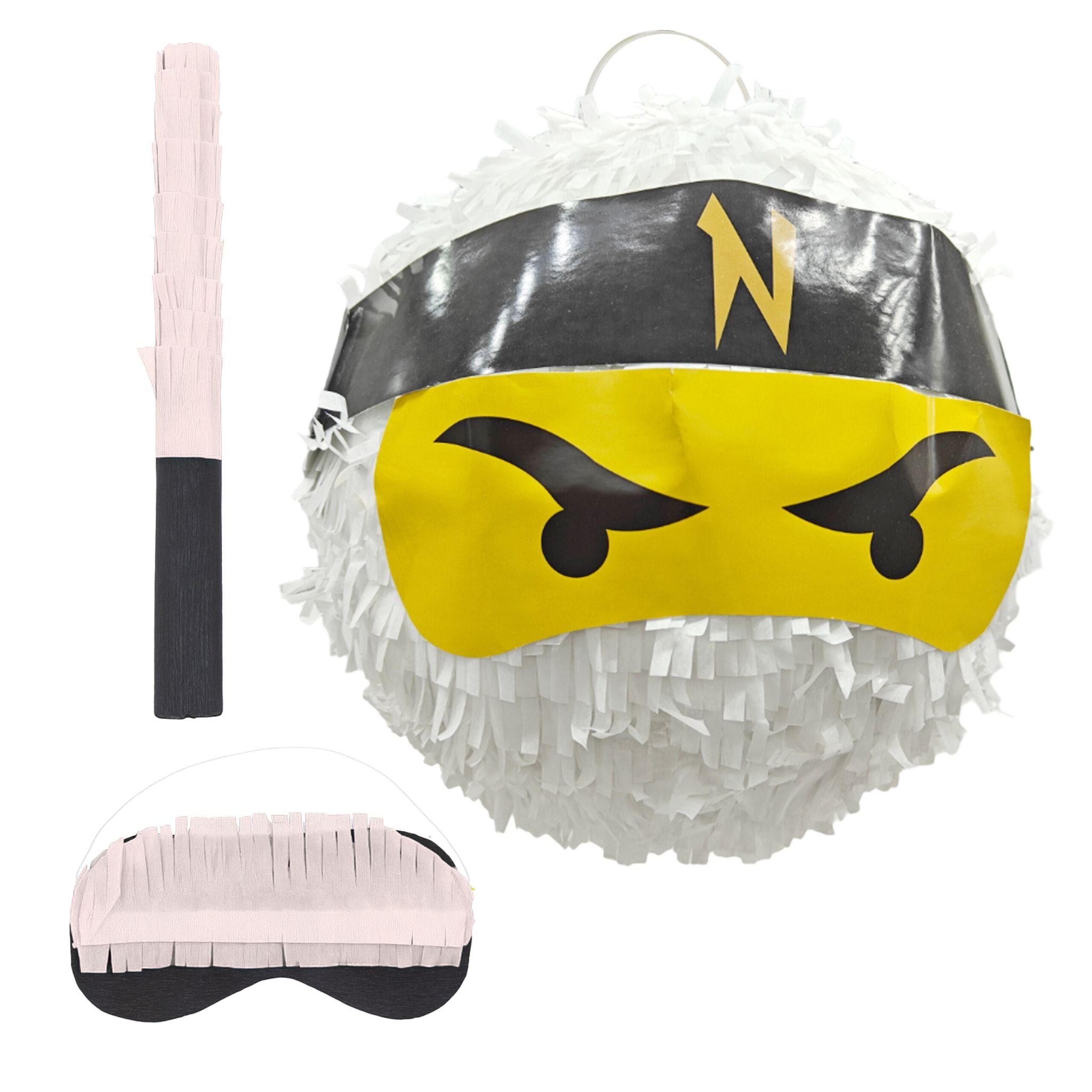 Pinata Ninja mit Stab & Maske Weiss-Gelb-Schwarz von Relaxdays